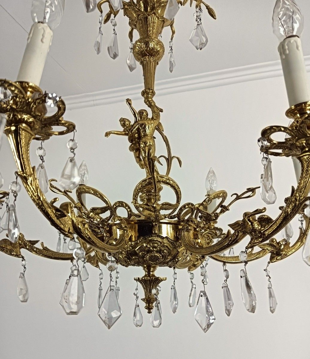 Ornate Large Chandelier Vintage Dancer Brass Crystal Prisms 6 Arm Gorgeous photo vintage