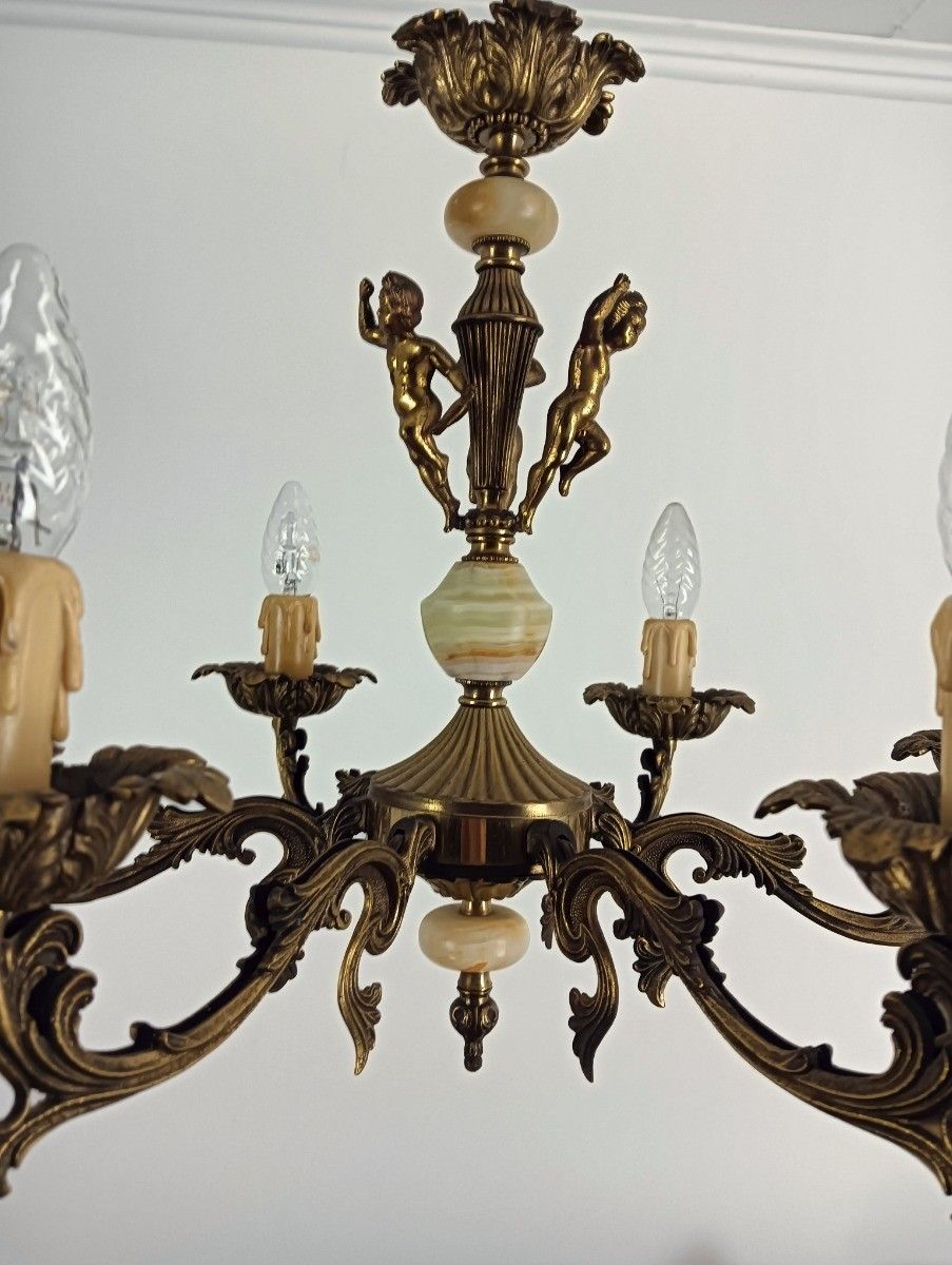 Chandelier 6 Lights Arms Putti Hollywood Regency Spelter Marble Vintage photo 359.0