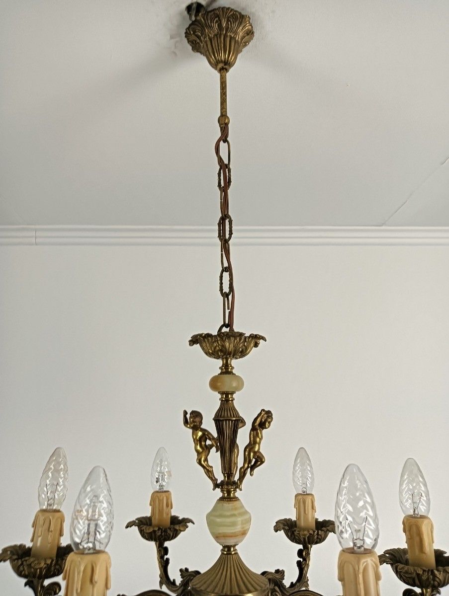 Chandelier 6 Lights Arms Putti Hollywood Regency Spelter Marble Vintage photo vintage
