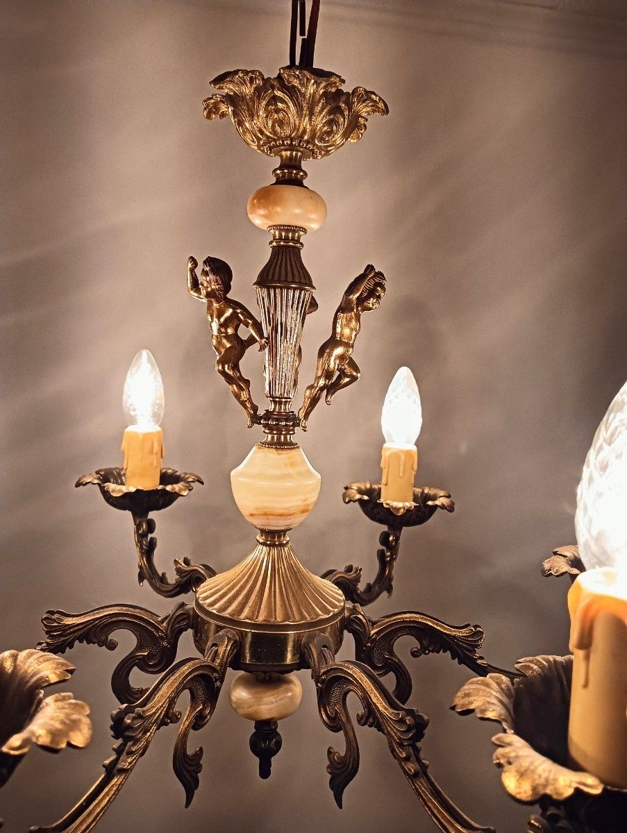 photo for sale Chandelier 6 Lights Arms Putti Hollywood Regency Spelter Marble Vintage