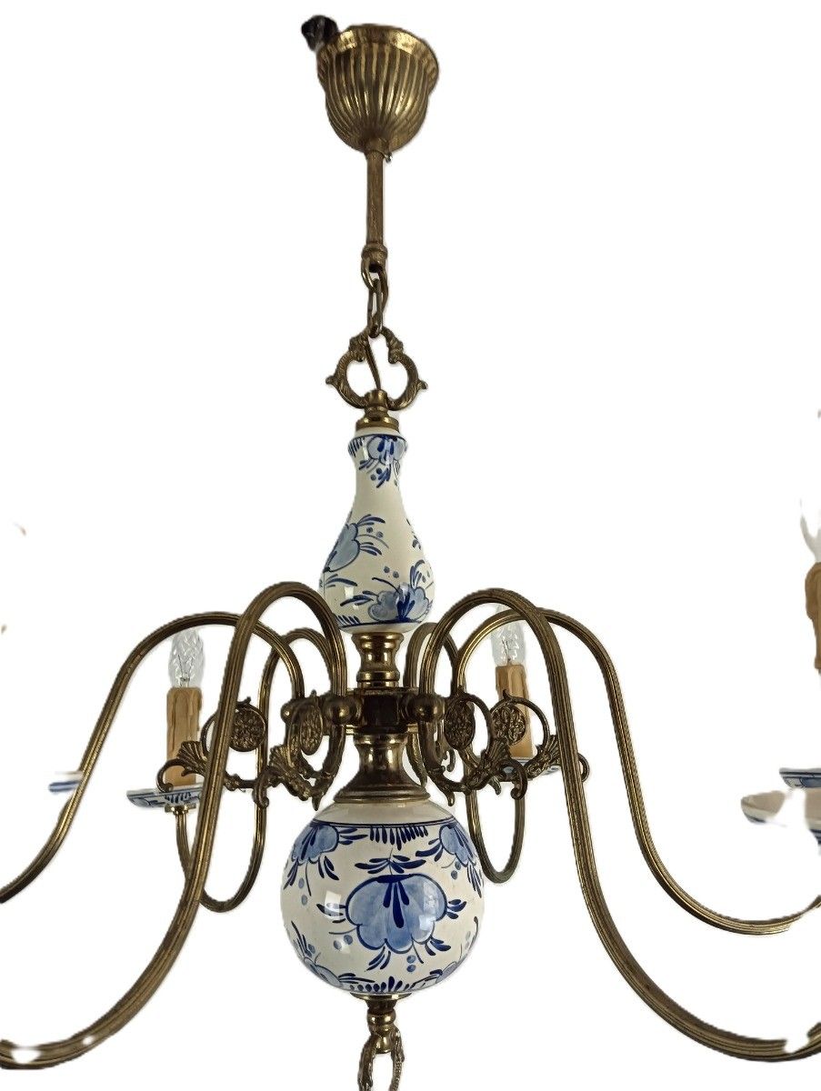 Delft Chandelier Blue White 6 Arm 6 Lights Modernist Vintage Porcelain Brass photo vinterior