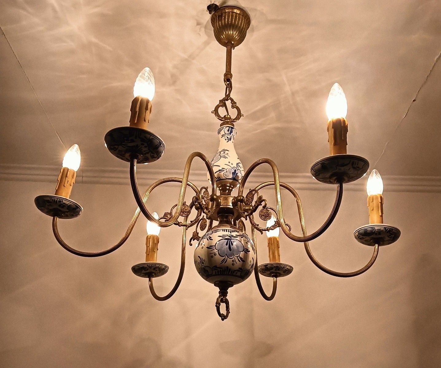 Lighting Delft Chandelier Blue White 6 Arm 6 Lights Modernist Vintage Porcelain Brass photo