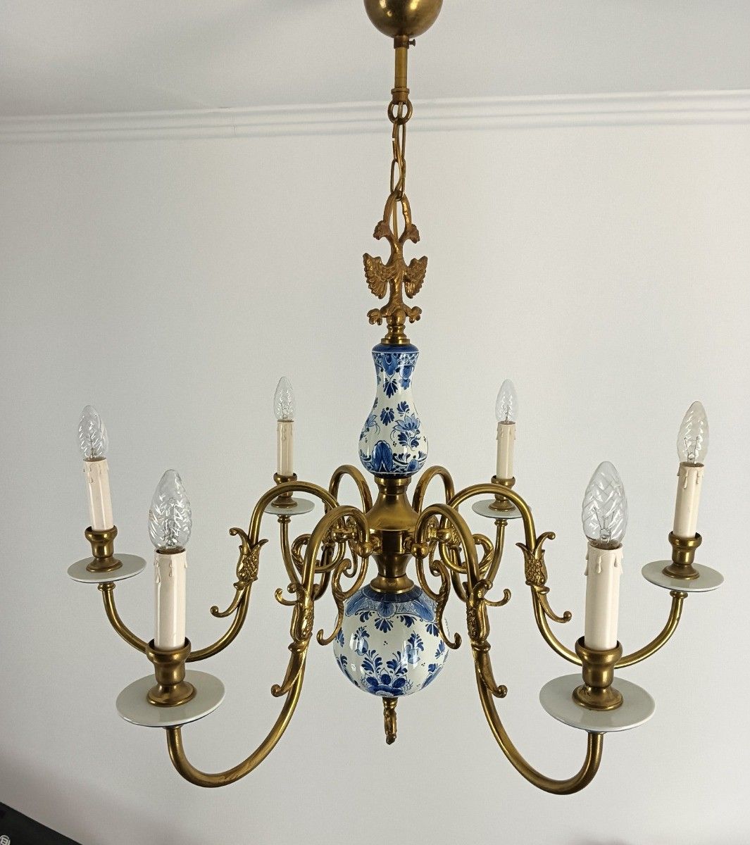 Delft Chandelier Fixture Blue White Porcelain Brass, 6 Arm Lights Barn Style photo for sale