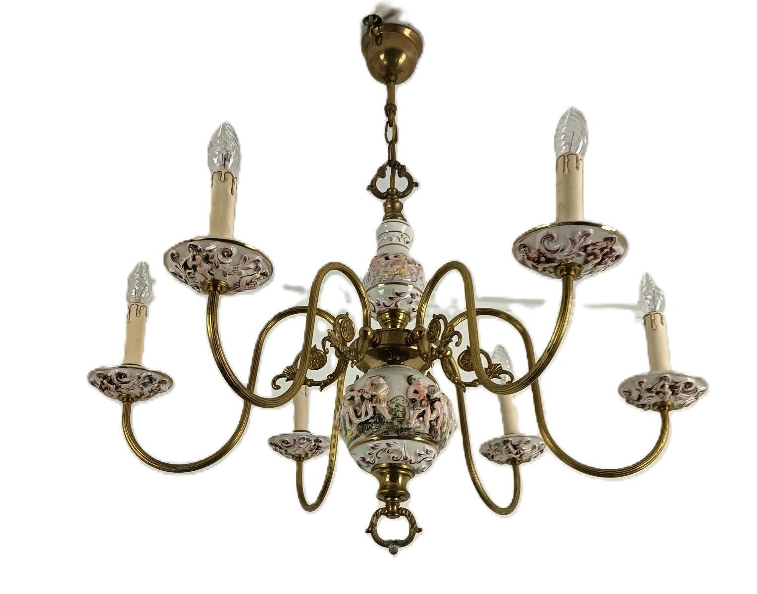 Capodimonte Porcelain Chandelier 6 Arm Lights, White,  Italy Brass Putti Vintage