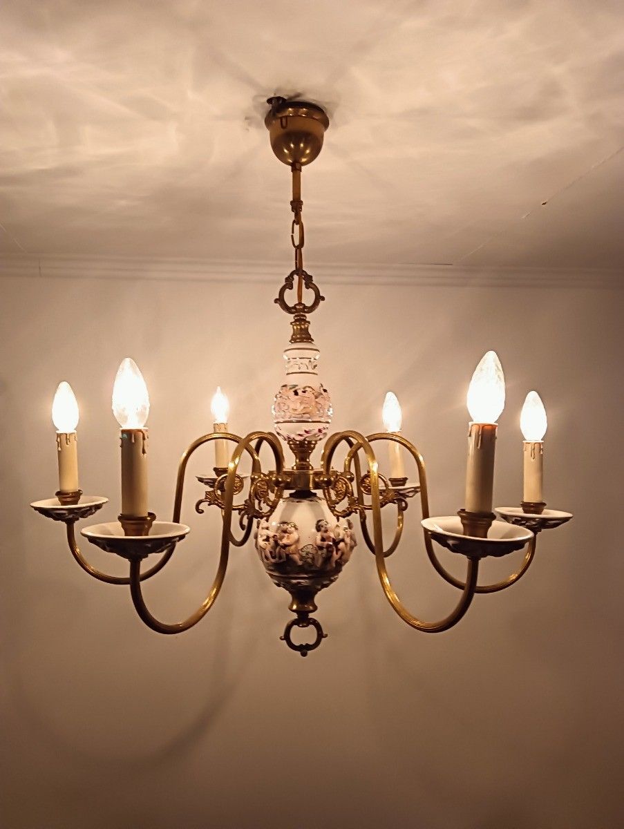 Capodimonte Porcelain Chandelier 6 Arm Lights, White,  Italy Brass Putti Vintage photo buy