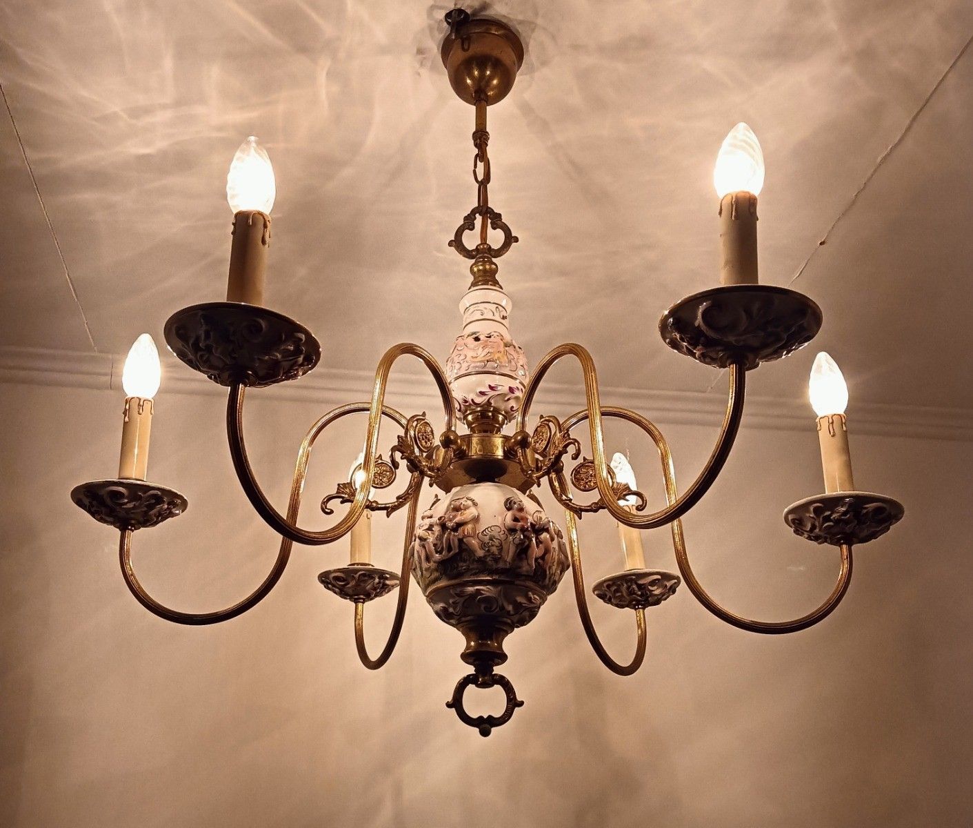 Capodimonte Porcelain Chandelier 6 Arm Lights, White,  Italy Brass Putti Vintage photo vintage