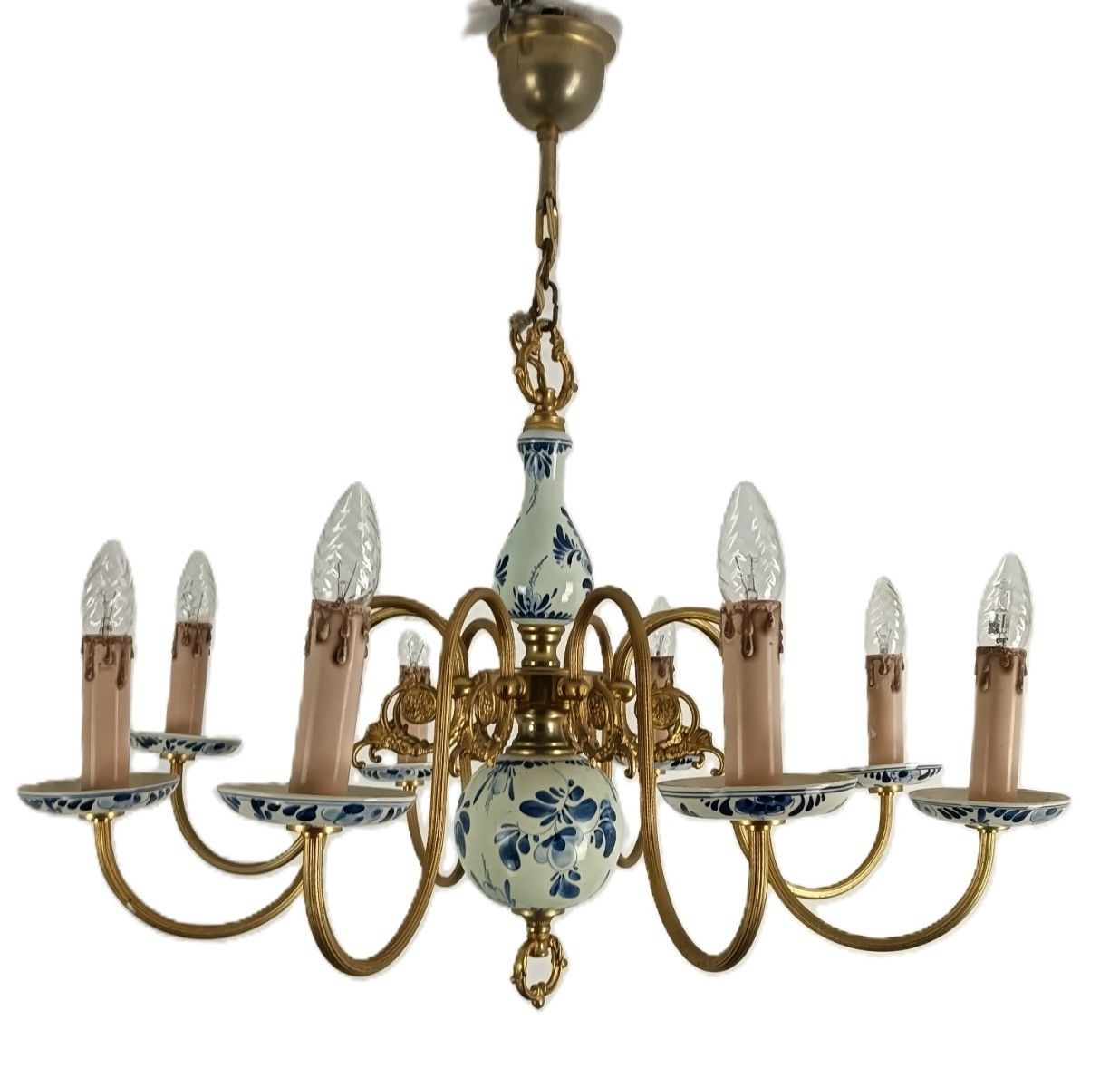 Large Delft Chandelier Blue White Porcelain Brass 8 Arm Lights Vintage Barn Styl