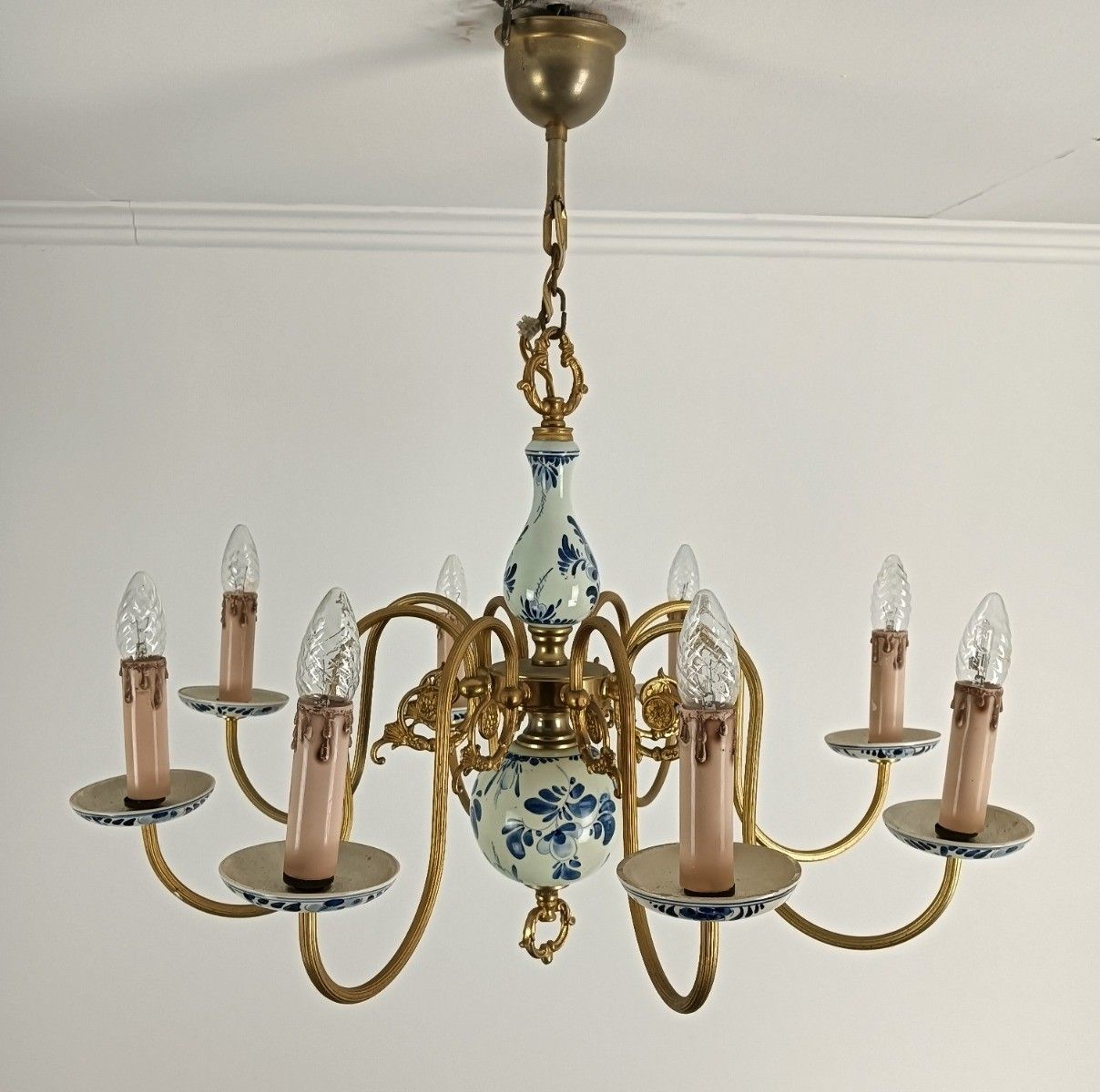 Large Delft Chandelier Blue White Porcelain Brass 8 Arm Lights Vintage Barn Styl photo buy