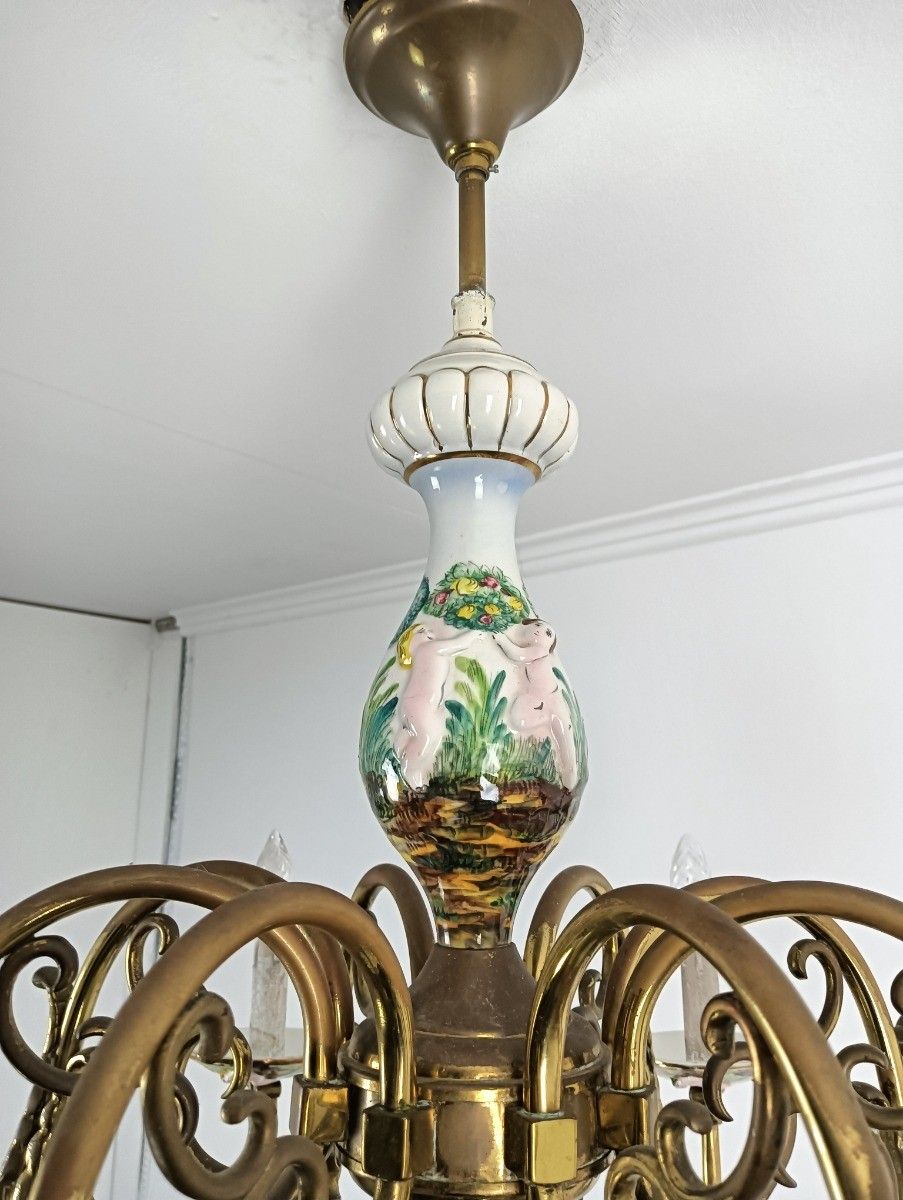 Xl Porcelain Capodimonte Porcelain Brass 8 Arm Lights Italy Vintage photo buy