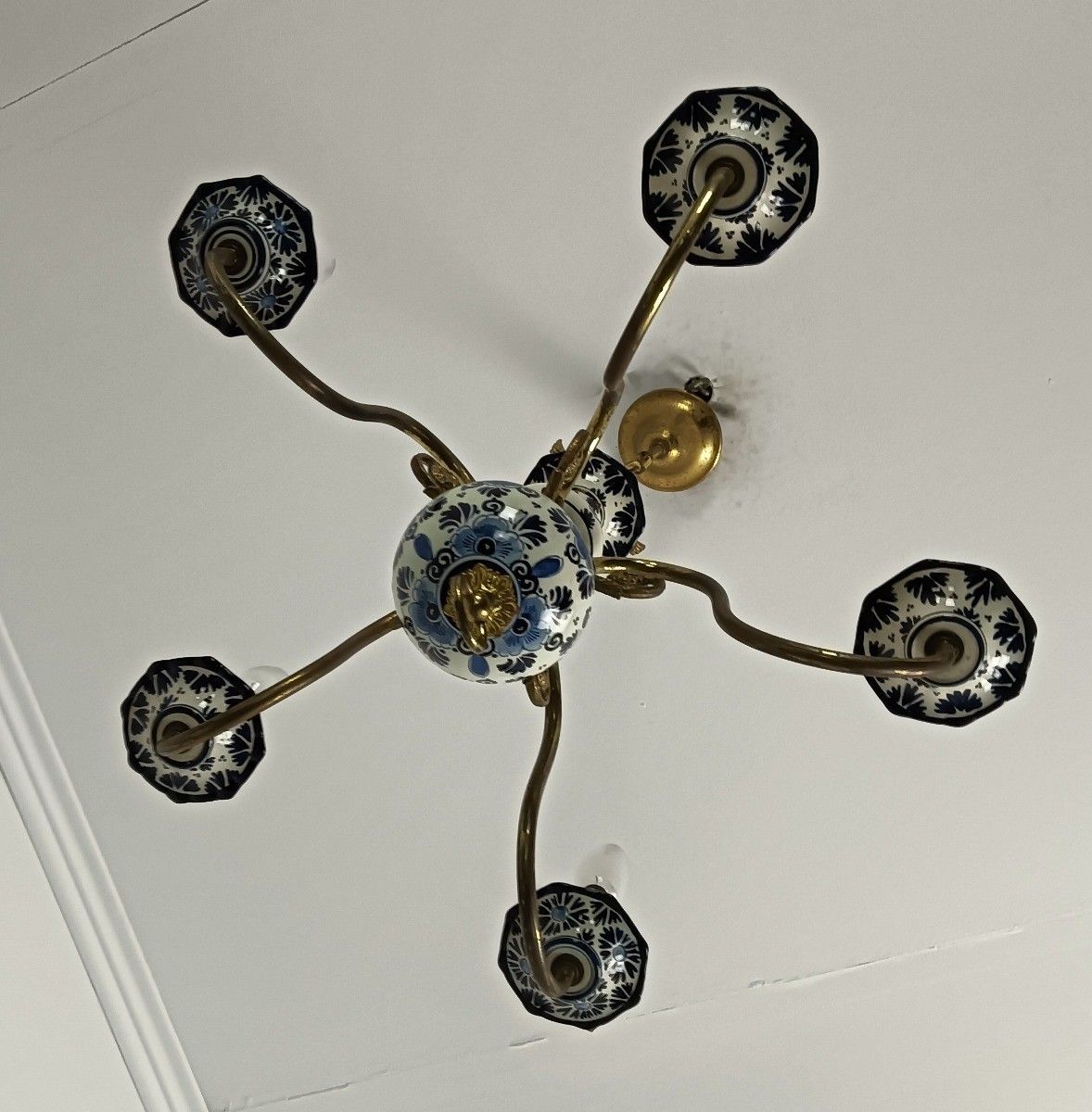 Delft Chandelier Porcelain Blue White 5 Arm Lights Vintage Barn Style photo Lighting