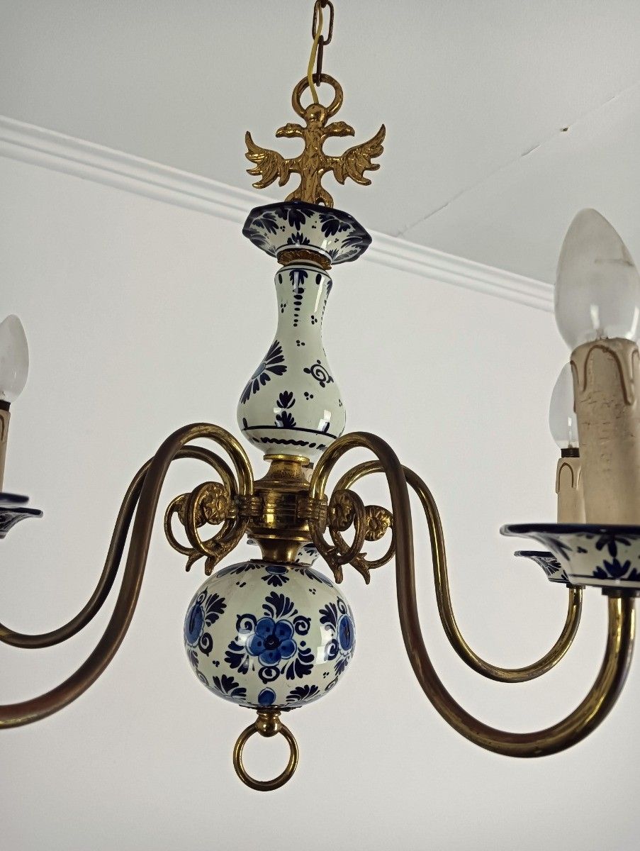 Delft Chandelier Porcelain Blue White 5 Arm Lights Vintage Barn Style photo vinterior