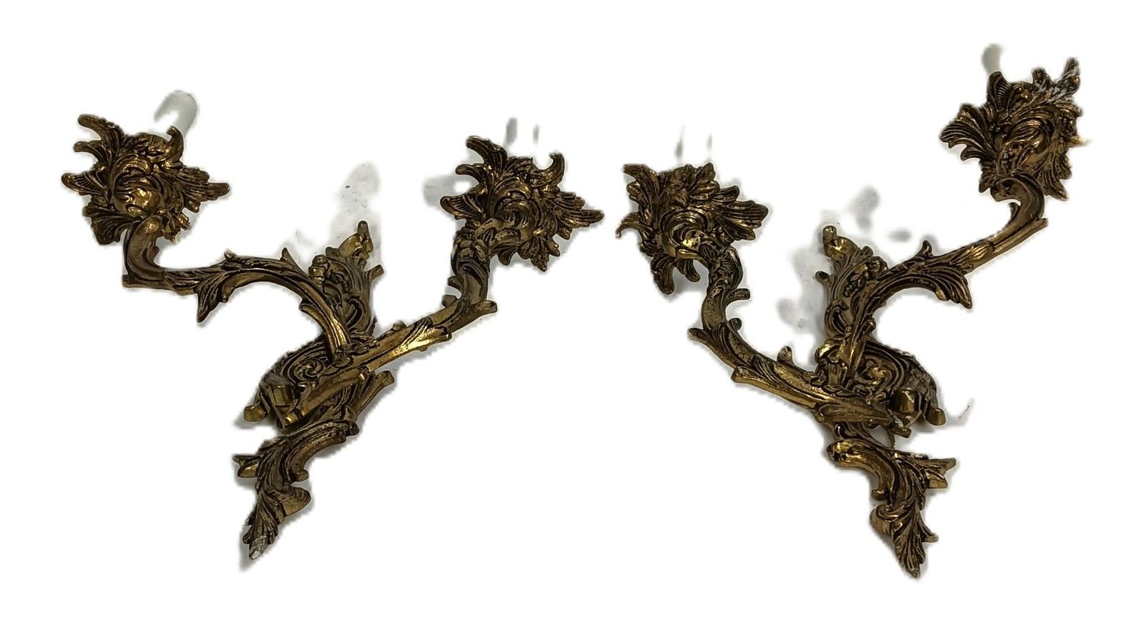 Pair Brass Hollywood Regency Ornate  Double Wall Sconces Vintage Modernist