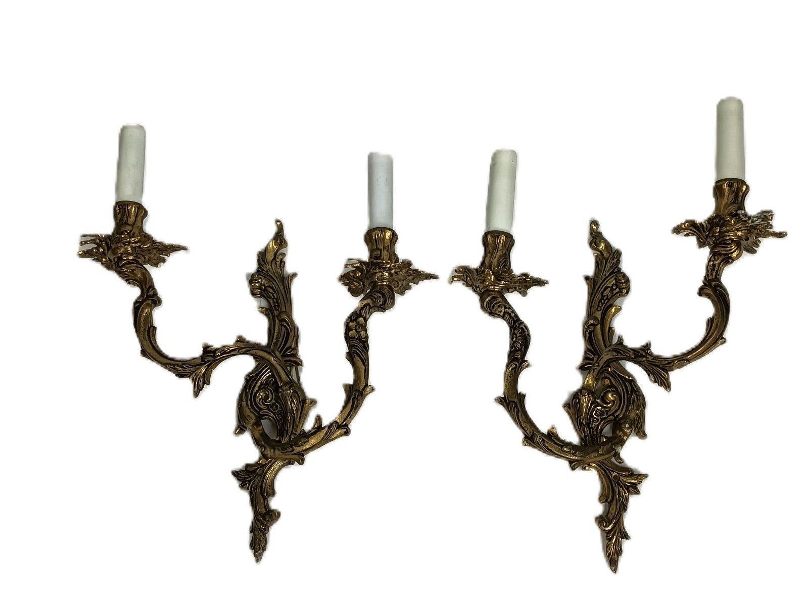 Pair Brass Hollywood Regency Ornate  Double Wall Sconces Vintage Modernist photo furniture