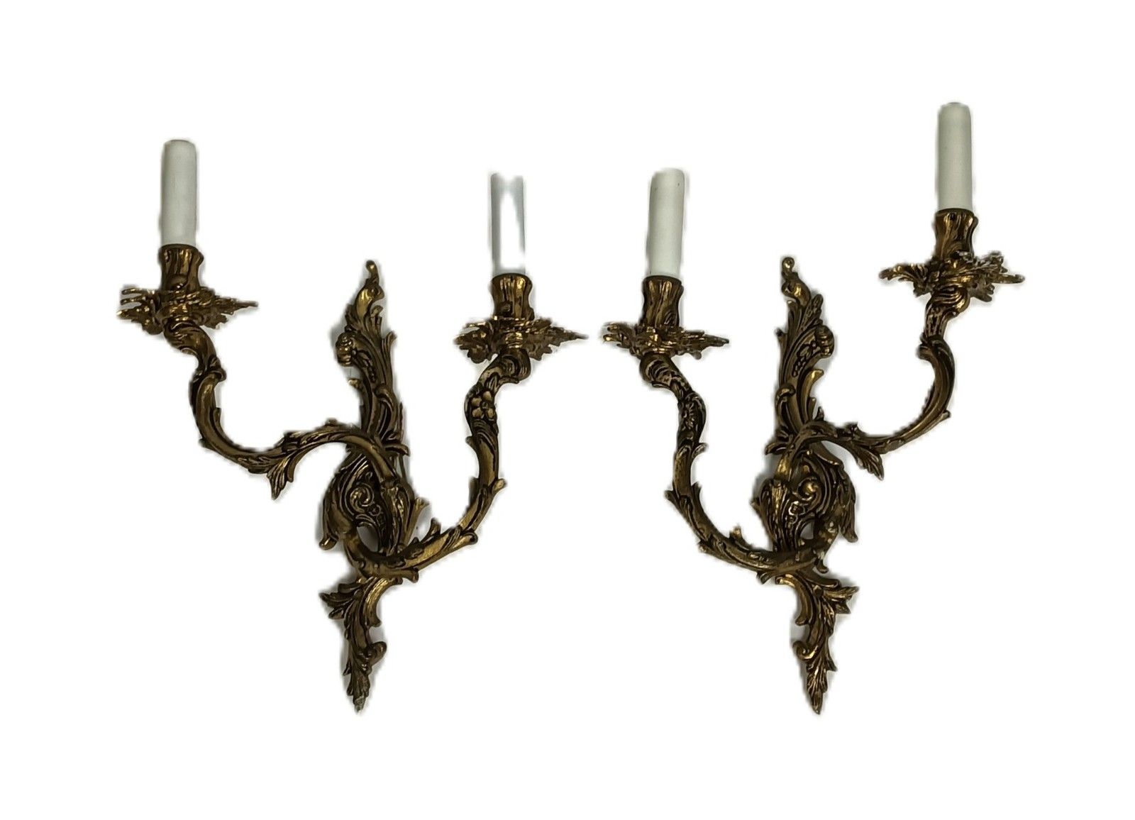 Pair Brass Hollywood Regency Ornate  Double Wall Sconces Vintage Modernist photo for sale