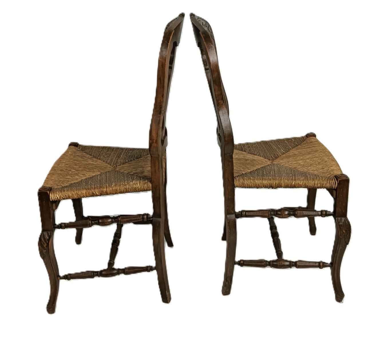 Antique Wood Louis XV Style Cane Rush Seat Dining Chairs  Pair French Elegant photo for sale