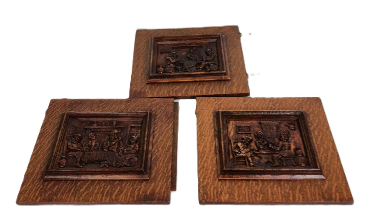 Set Of 3door Panels Vintage Carved Wood Bar Scenes Bas Relief Reclaimed Architec photo furniture