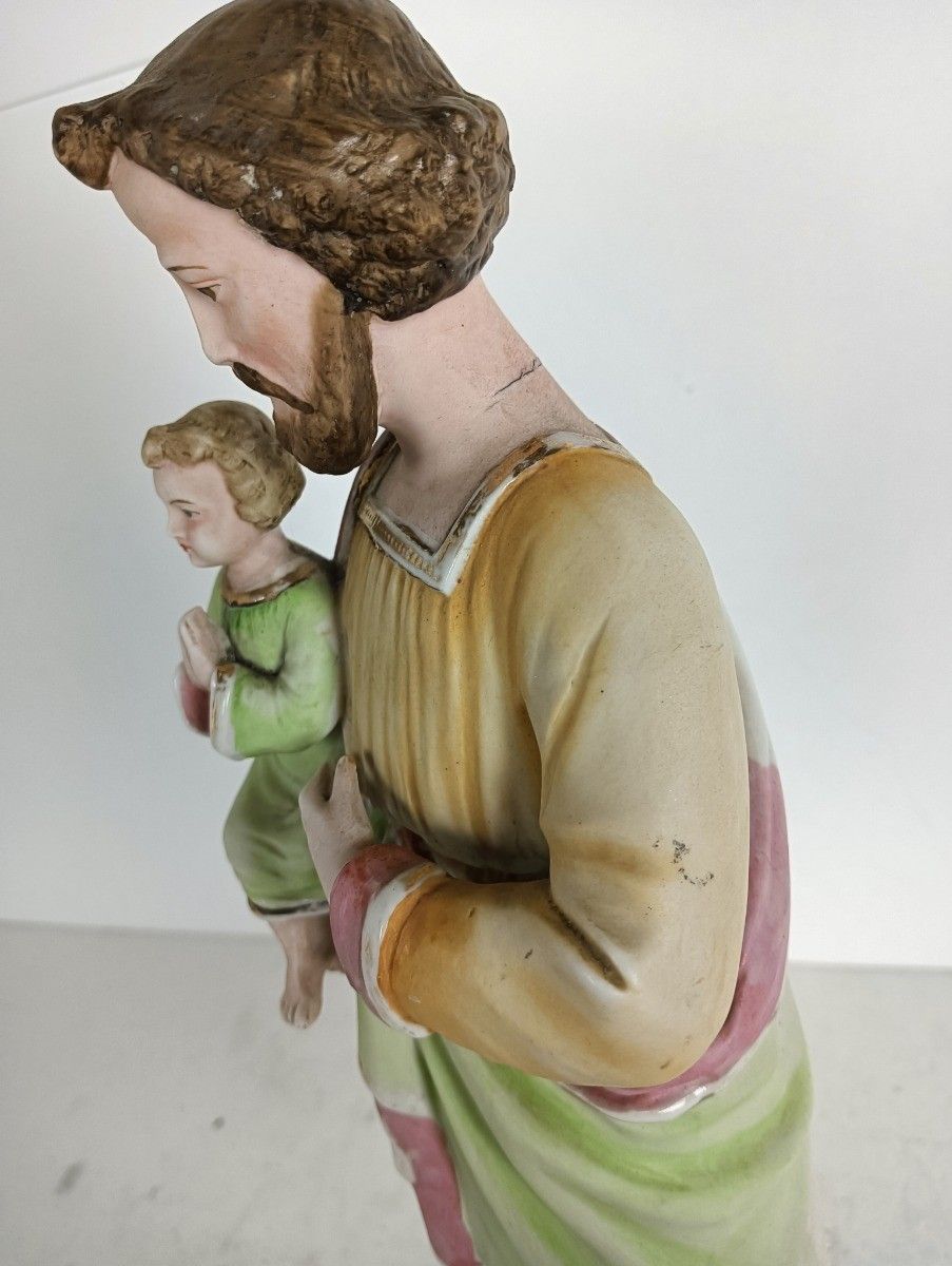 Vintage Statue Saint Joseph Protector Of Homes Bisque Porcelain Polychrome photo Art