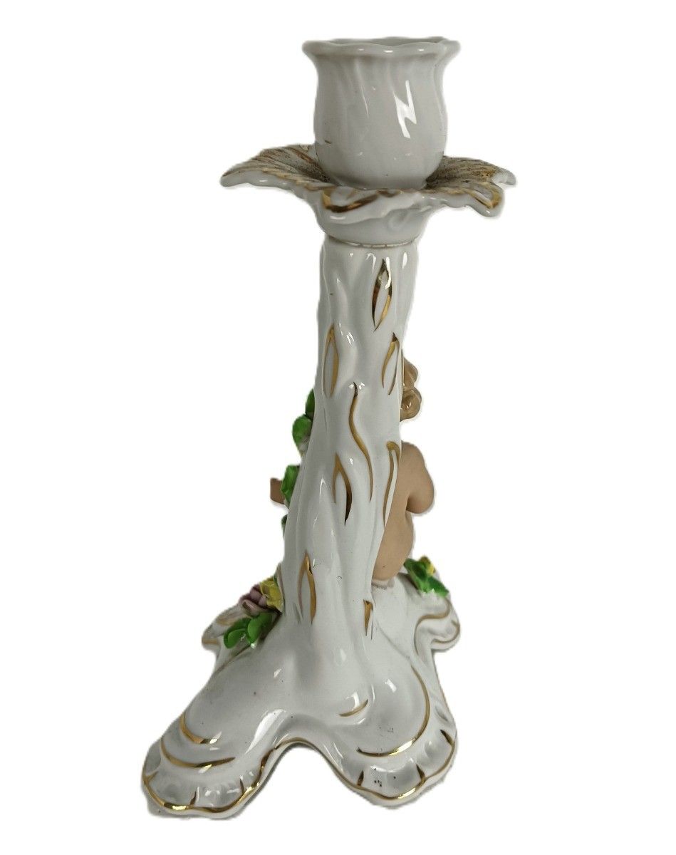 Dresden Porcelain Candle Stick Holder  Putti Rosebuds Germany Rococo Style Vinta photo furniture