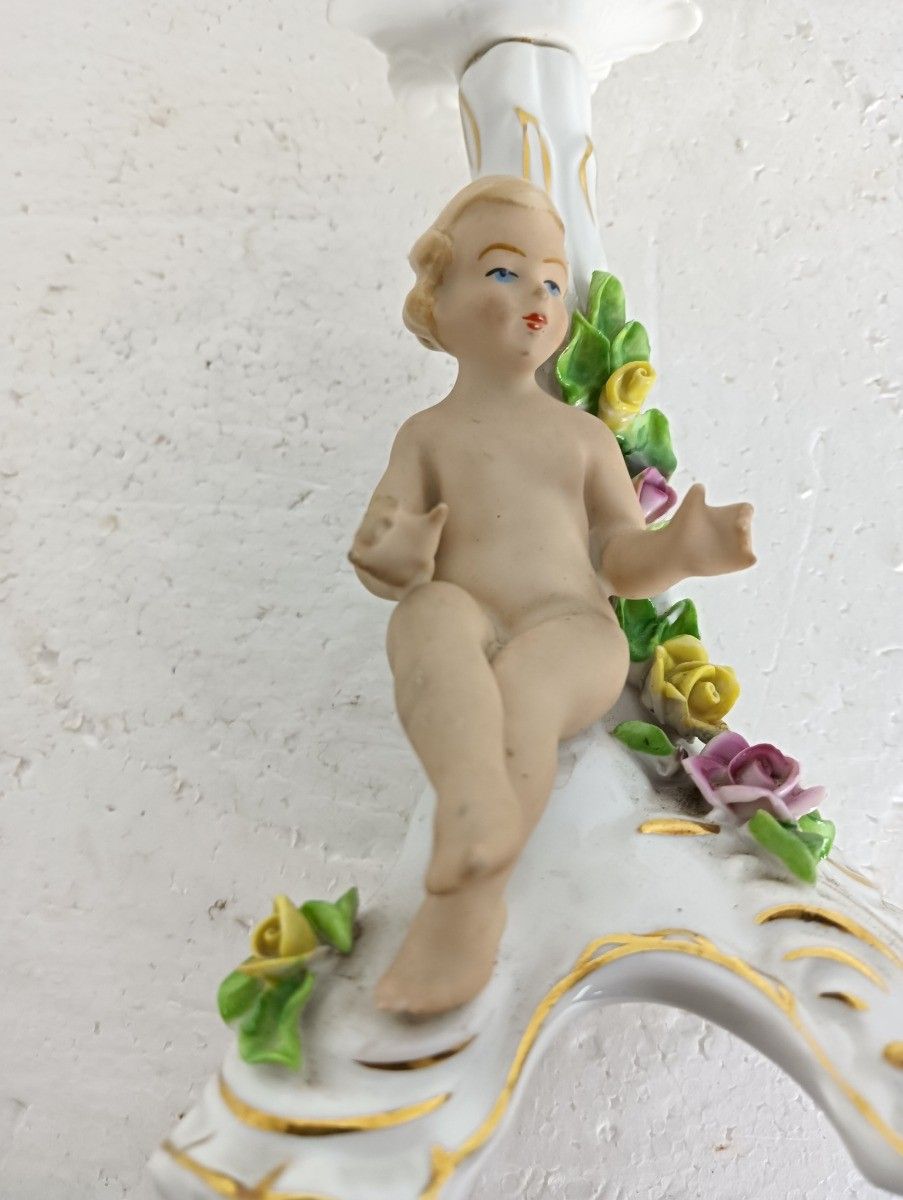 photo for sale Dresden Porcelain Candle Stick Holder  Putti Rosebuds Germany Rococo Style Vinta