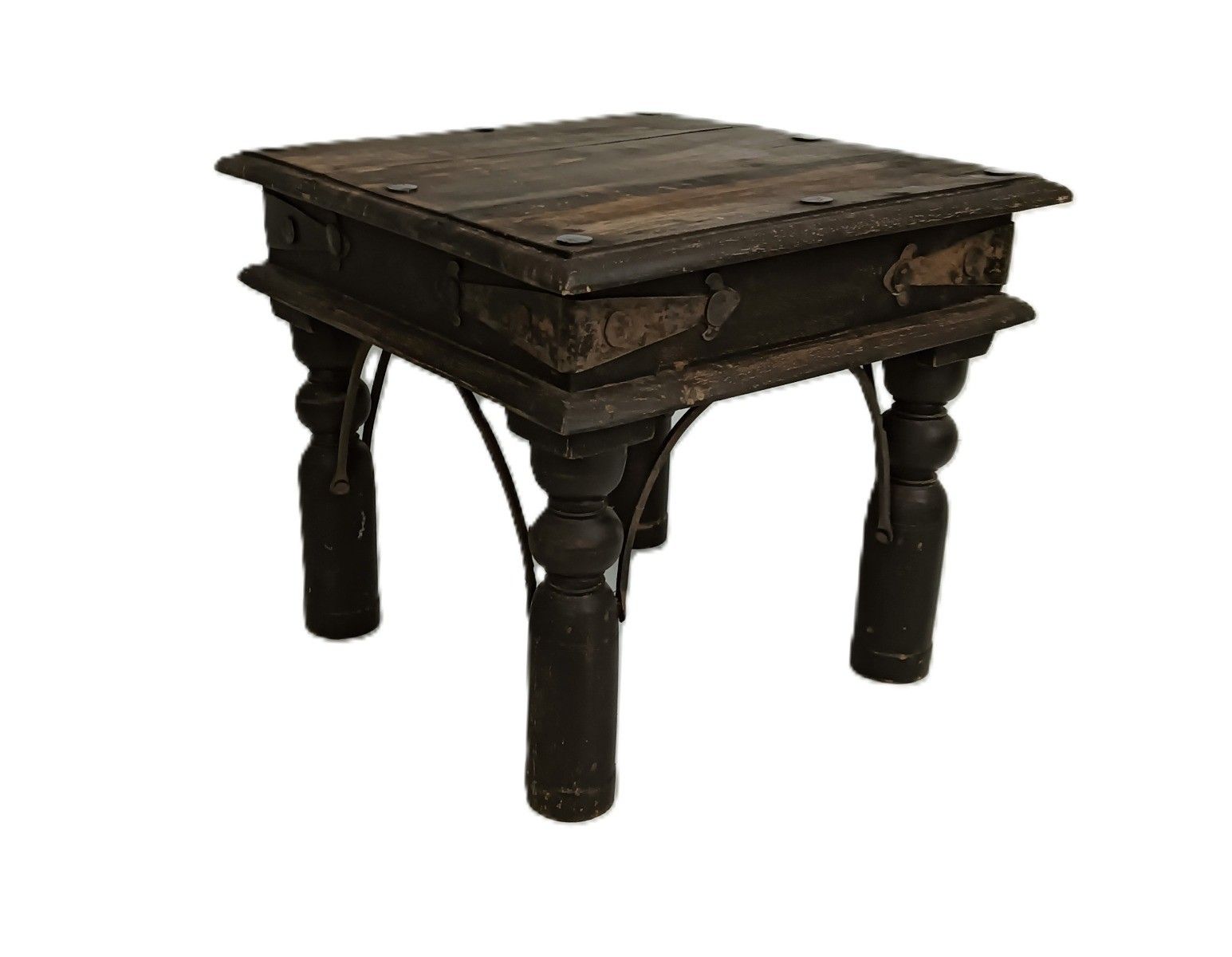 Rustic Antique Colonial Style Low Side Table Wood Iron Fittings Plant Stand
