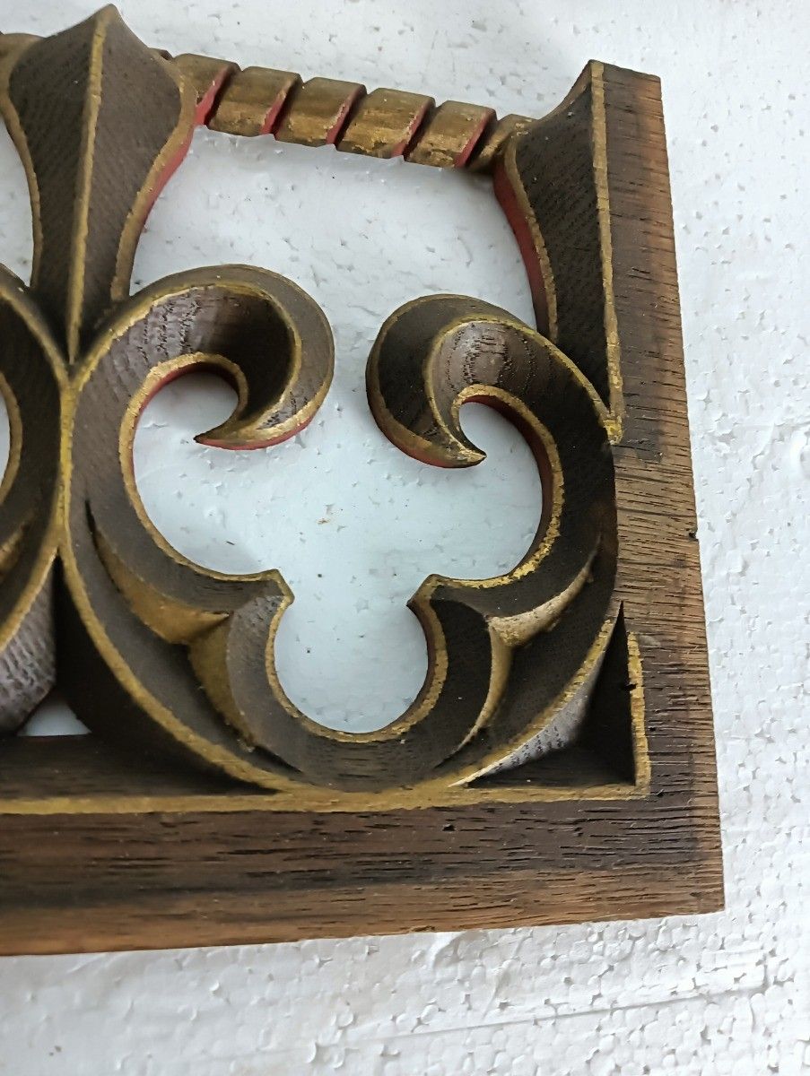Antique Pair Corbels Hand Carved Wood Gothic French Fleur De Lis  Architectural photo for sale