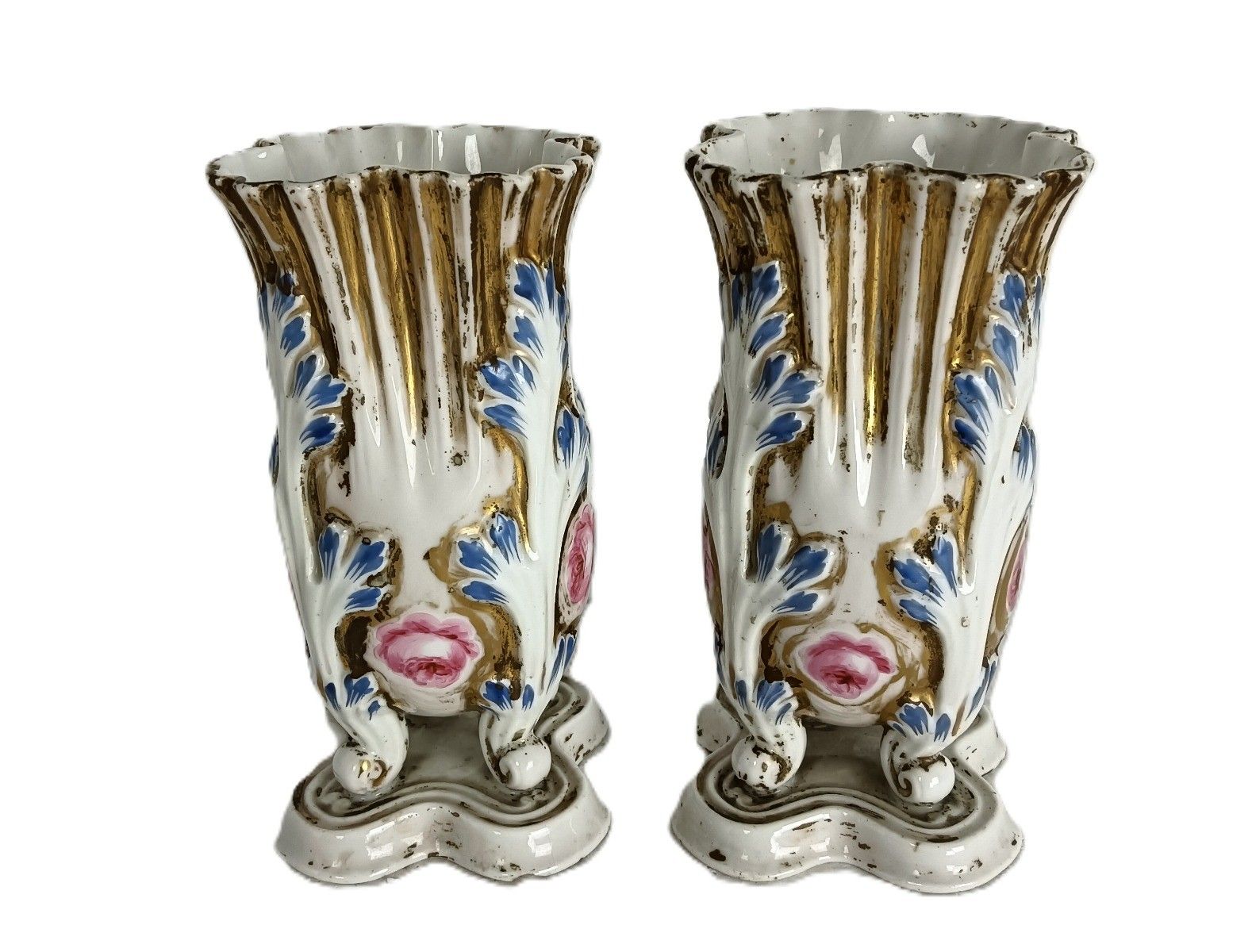 Pair Antique Victorian Porcelain Vieux Paris Polychrome Vases
