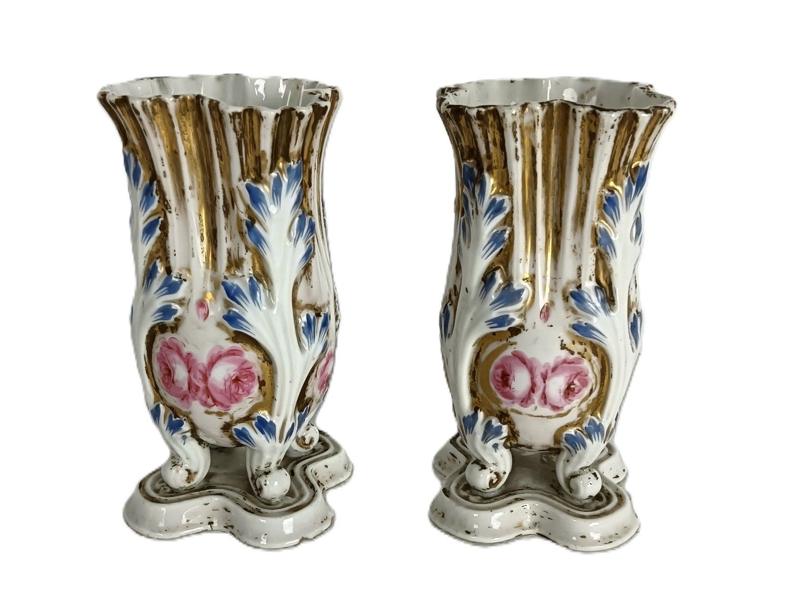 Pair Antique Victorian Porcelain Vieux Paris Polychrome Vases photo buy