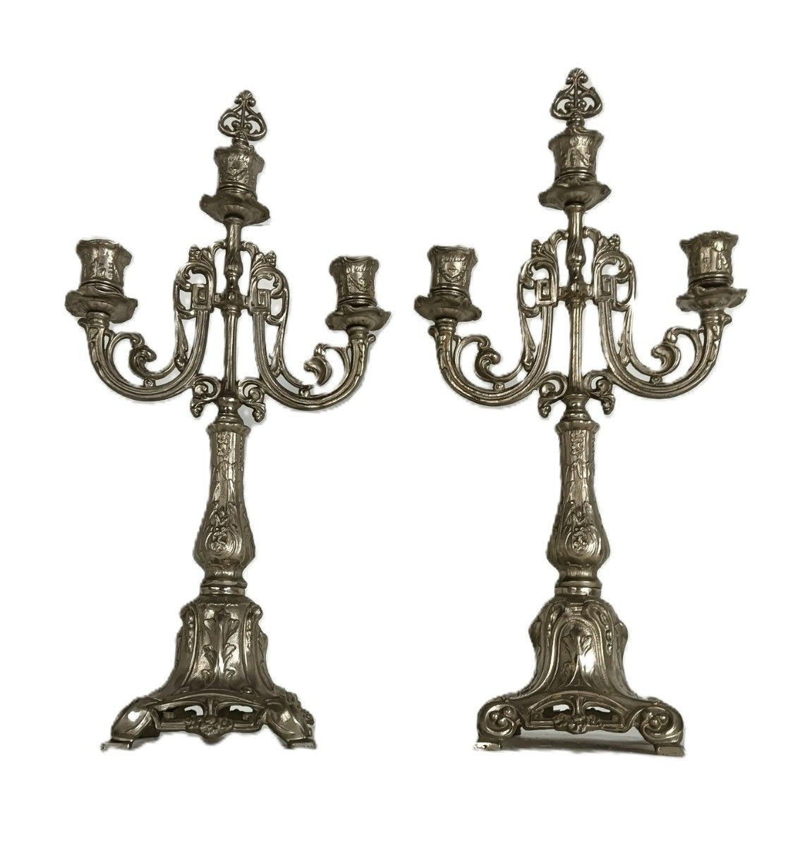 Couple Vintage Candelabra 3 Arm Spelter Candle Sticks Modernist Rococo Style
