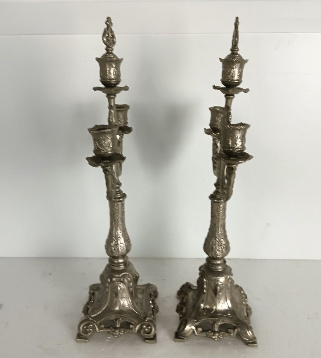 Couple Vintage Candelabra 3 Arm Spelter Candle Sticks Modernist Rococo Style photo for sale