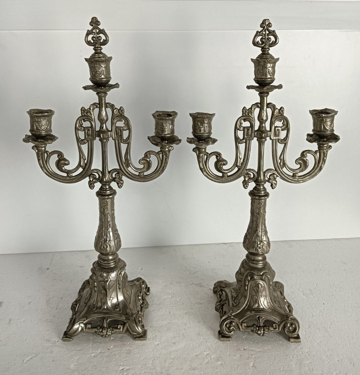 Couple Vintage Candelabra 3 Arm Spelter Candle Sticks Modernist Rococo Style photo buy