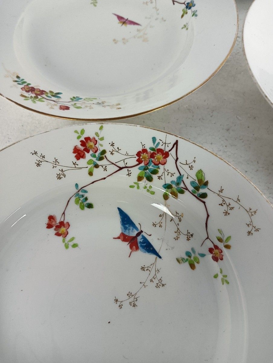 Set Of 6 Victorian Antique 19th Century Soup Plates Hand Painted Flowers Butterf photo 628.0