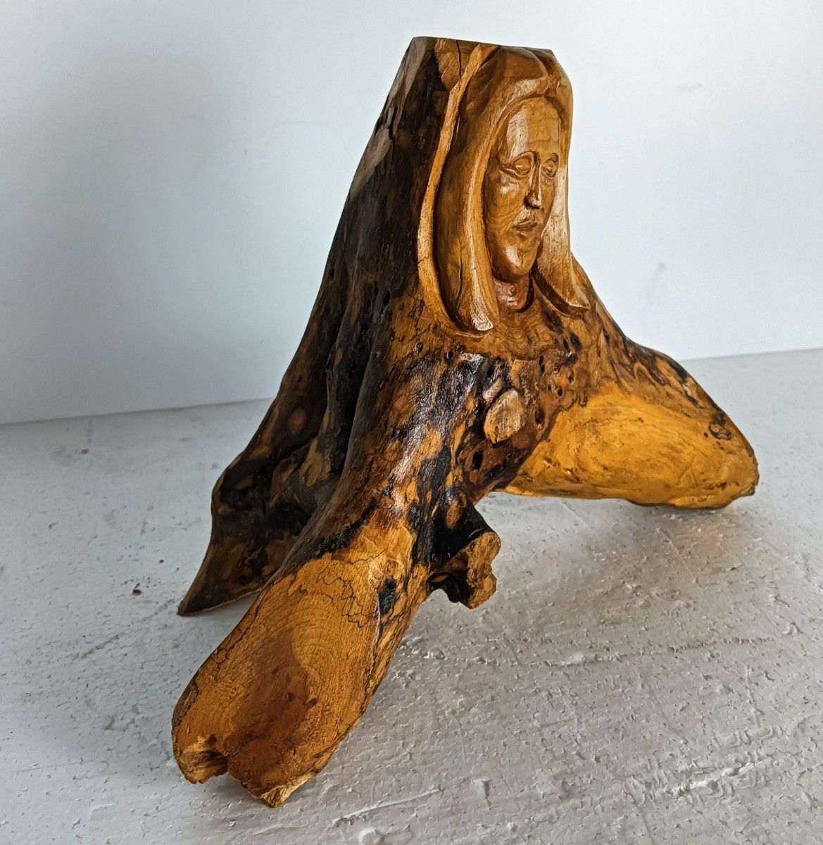 Hand Carved Wooden Tree Stump Folk Art Figurine Female Vintage photo for sale