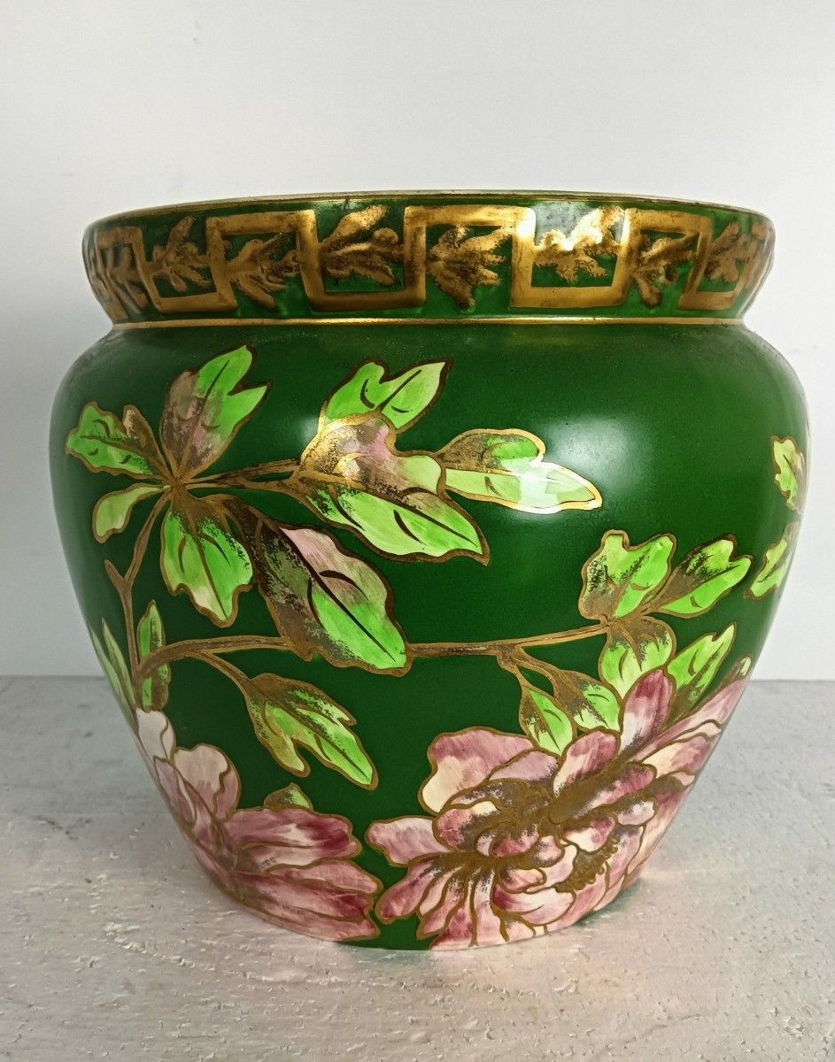 Antique Cachepot Planter Faience France Creil Et Montereau Floral Design photo vinterior