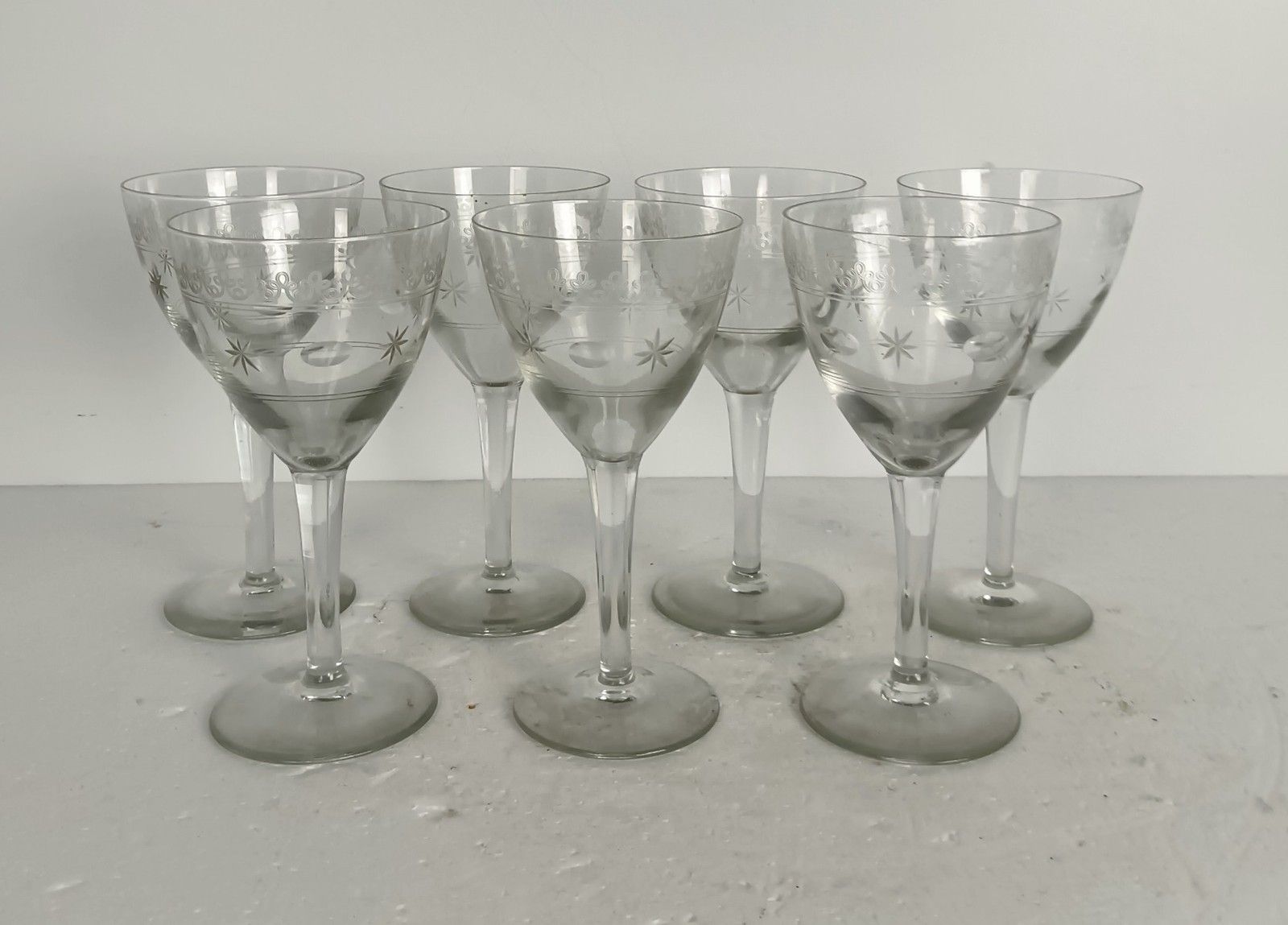 Set Of 7  Champagne Glasses Goblet Hock Cut To Clear Etched  Glass Antique photo for sale