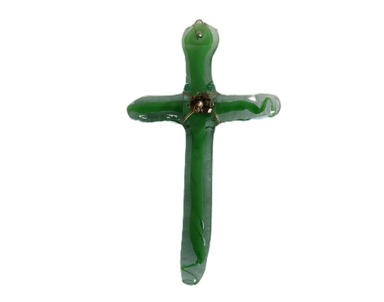 Vintage Art Glass Hanging Crucifix Cross Green Murano Style