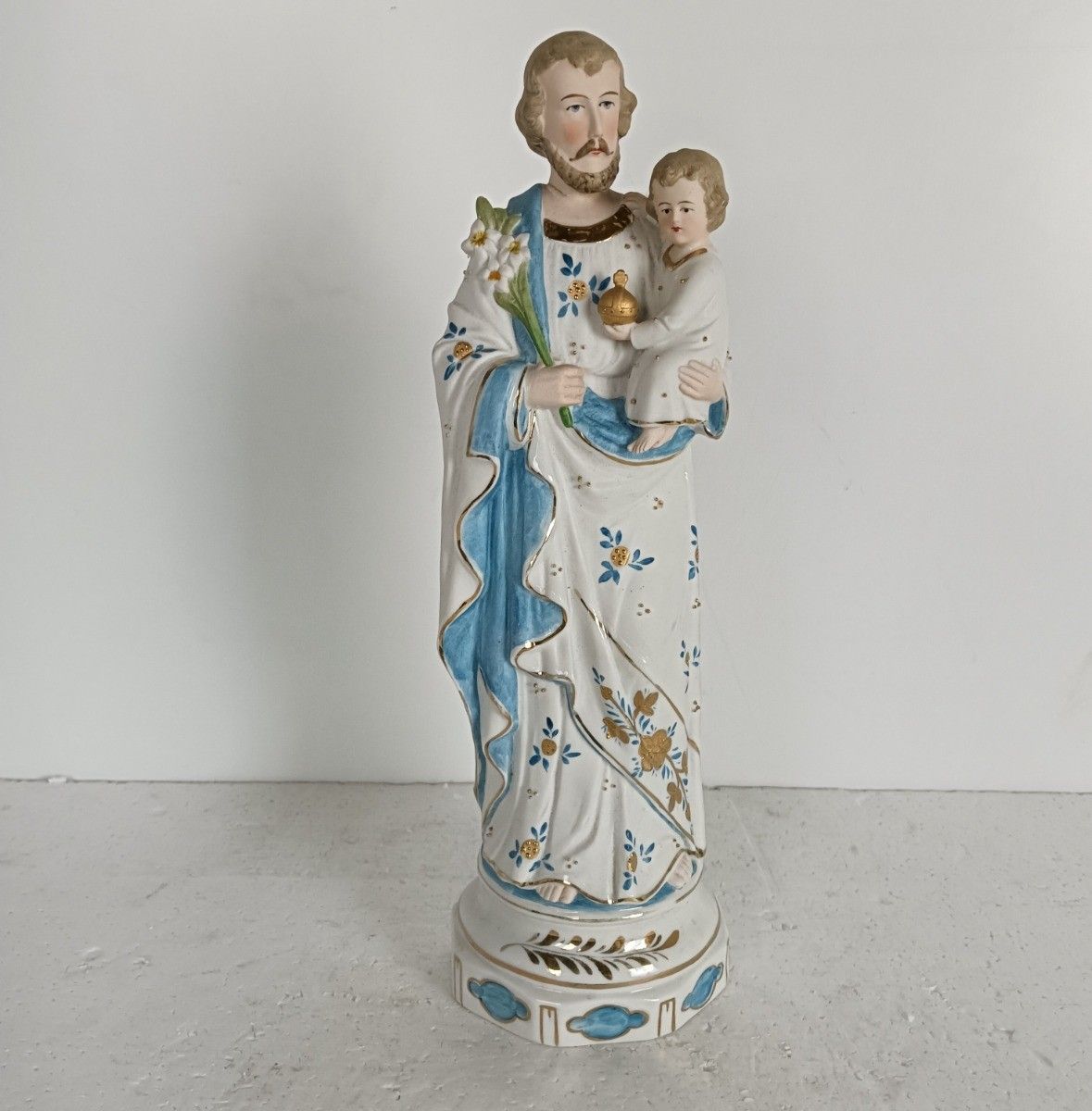 Antique Statue Saint Joseph Protector Of Homes Infant Jesus Bisque Porcelain Pol photo 157.0