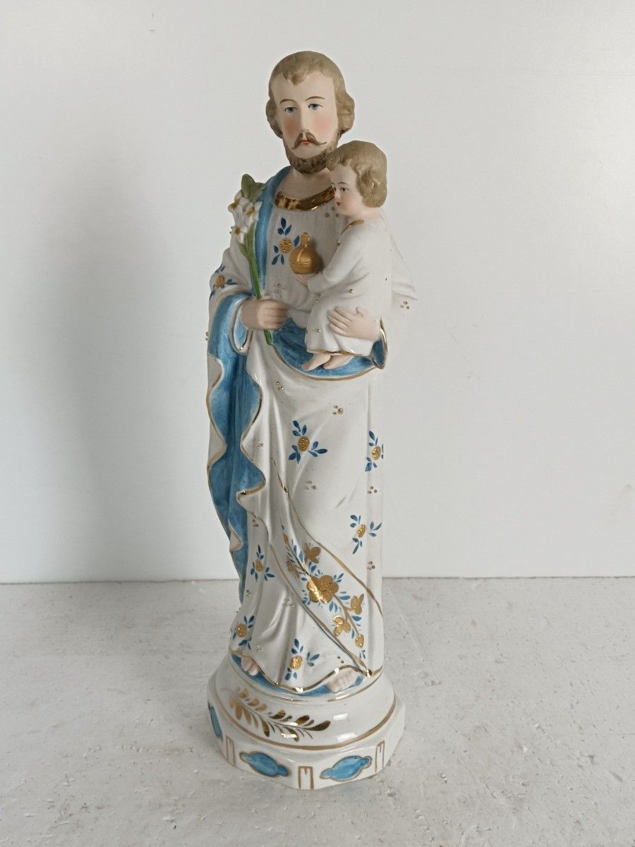 Antique Statue Saint Joseph Protector Of Homes Infant Jesus Bisque Porcelain Pol photo vinterior