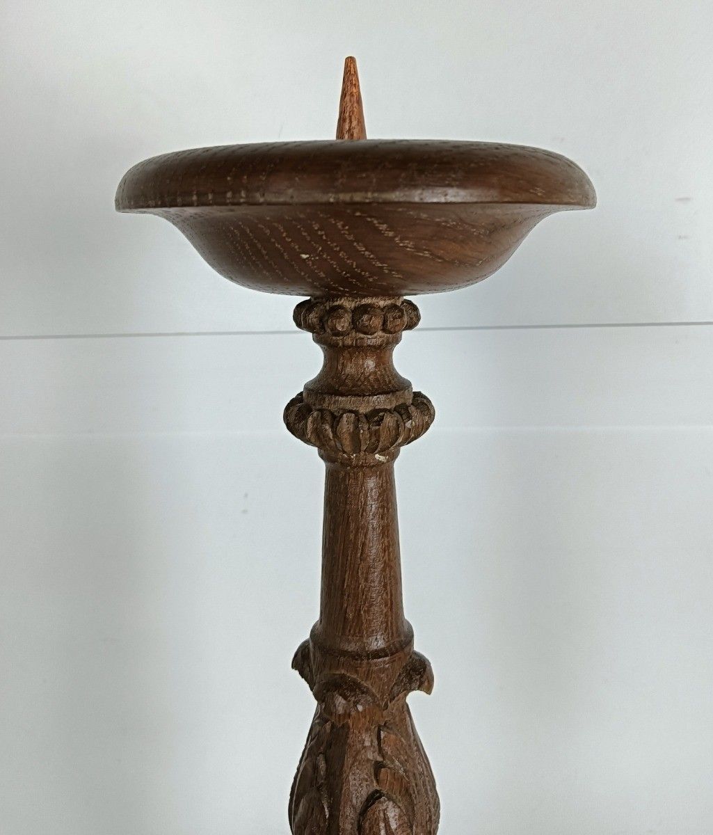 photo for sale Antique Large Candle Stick Neo Gothic Carved Wood Candle Holder Ornate Lion Feet