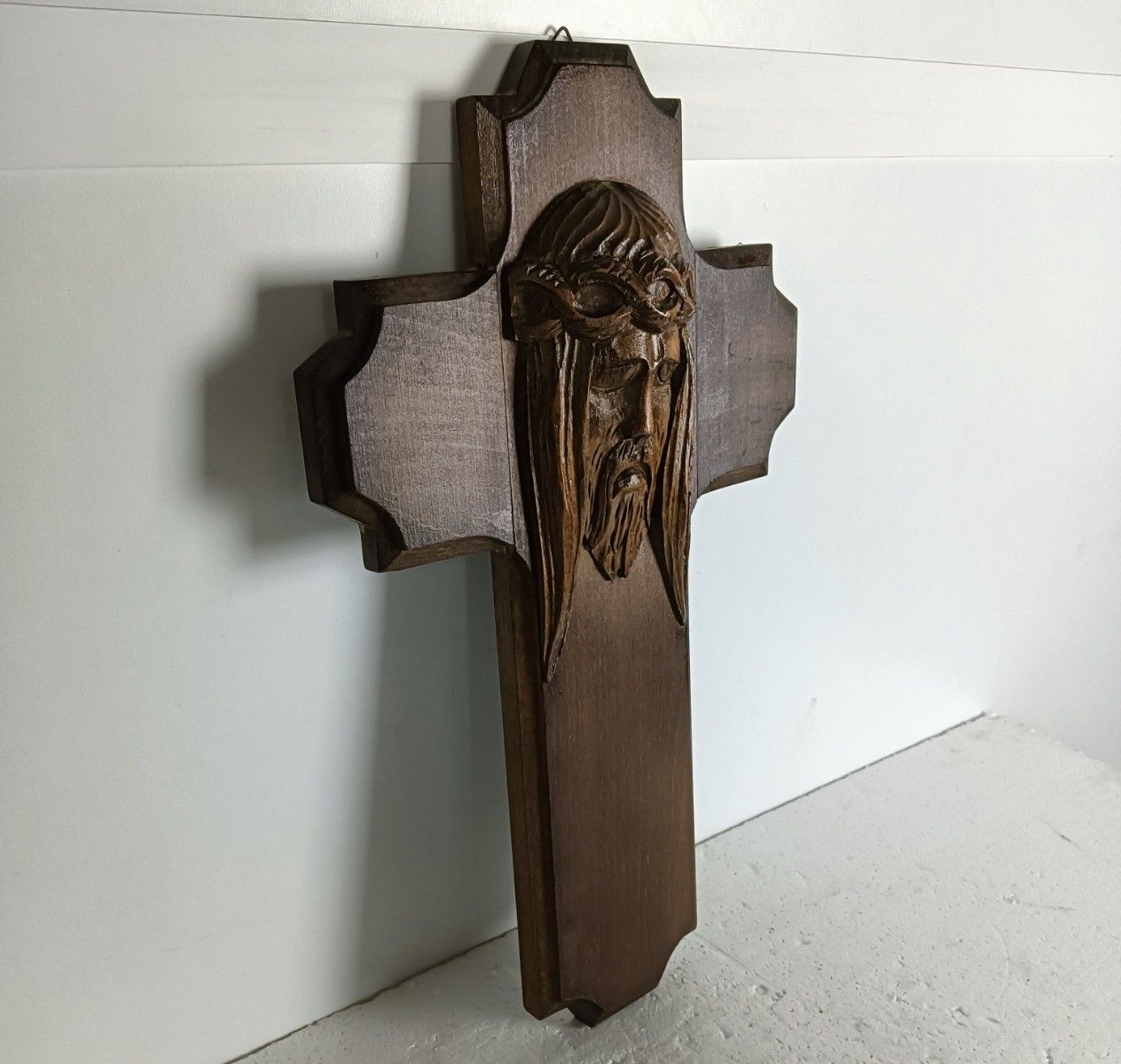 Hand Carved Wood Art Jesus Christ Head Of Thorns Sculpture Crucifix  Vintage photo for sale