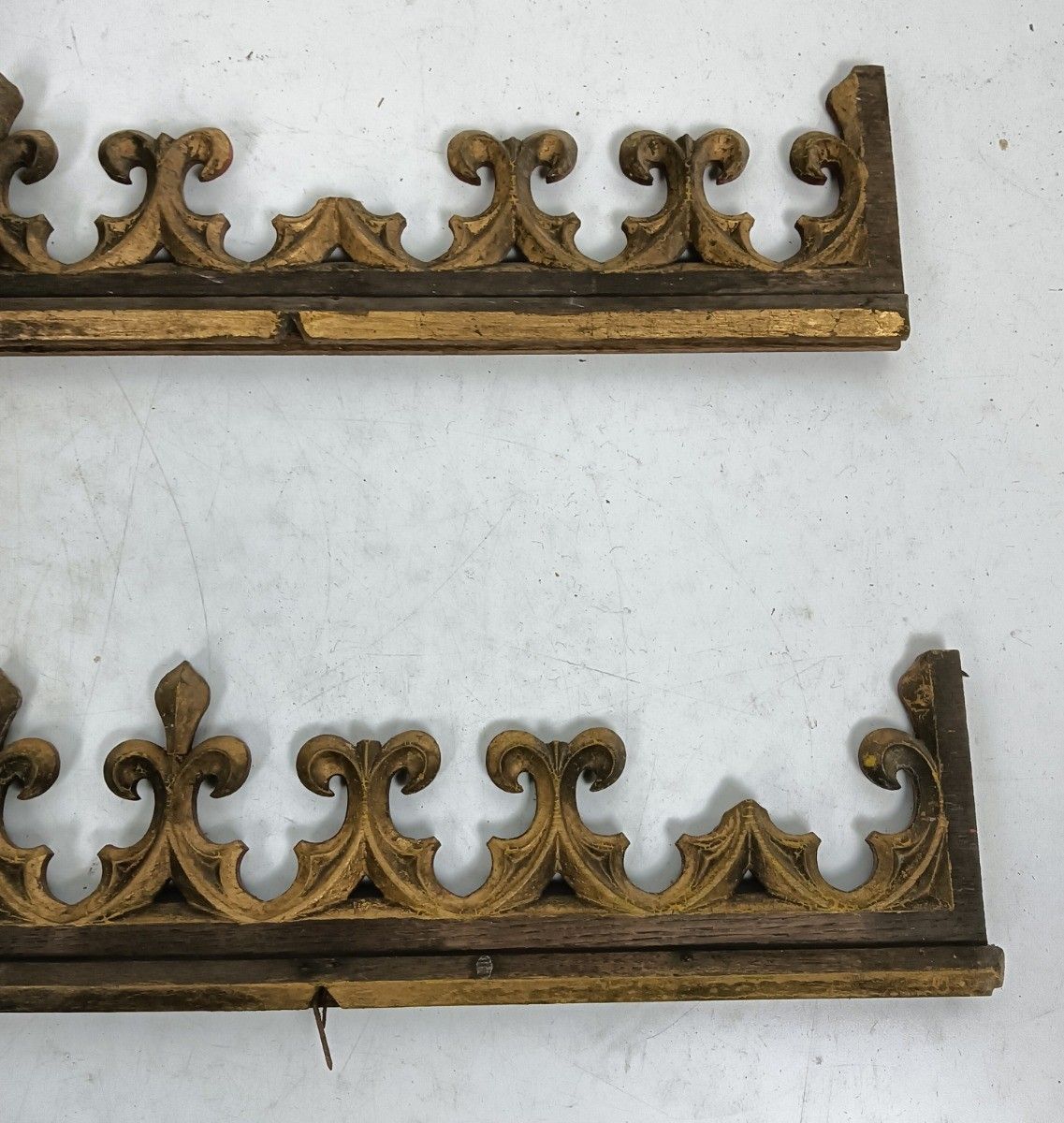 Two Gothic Antique Carved Wooden Pediments Boards Finials French Fleur De Lis Fr photo vinterior