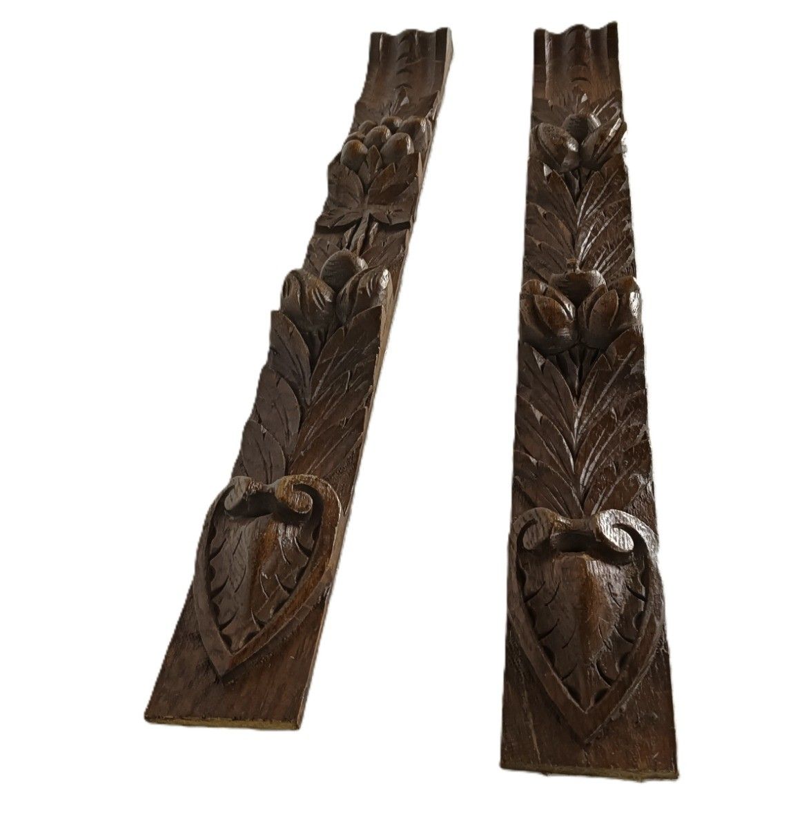 2 Pieces Antique  Bas Relief Hand Carved Wood Reclaimed Architectural Trim Pedim
