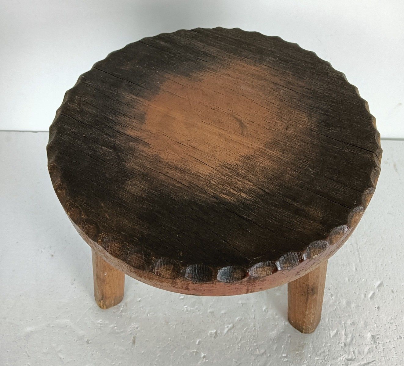 Antique Milking Stool Tripod Carved Wood Side Table Plant Stand Pedestal Barn St photo for sale