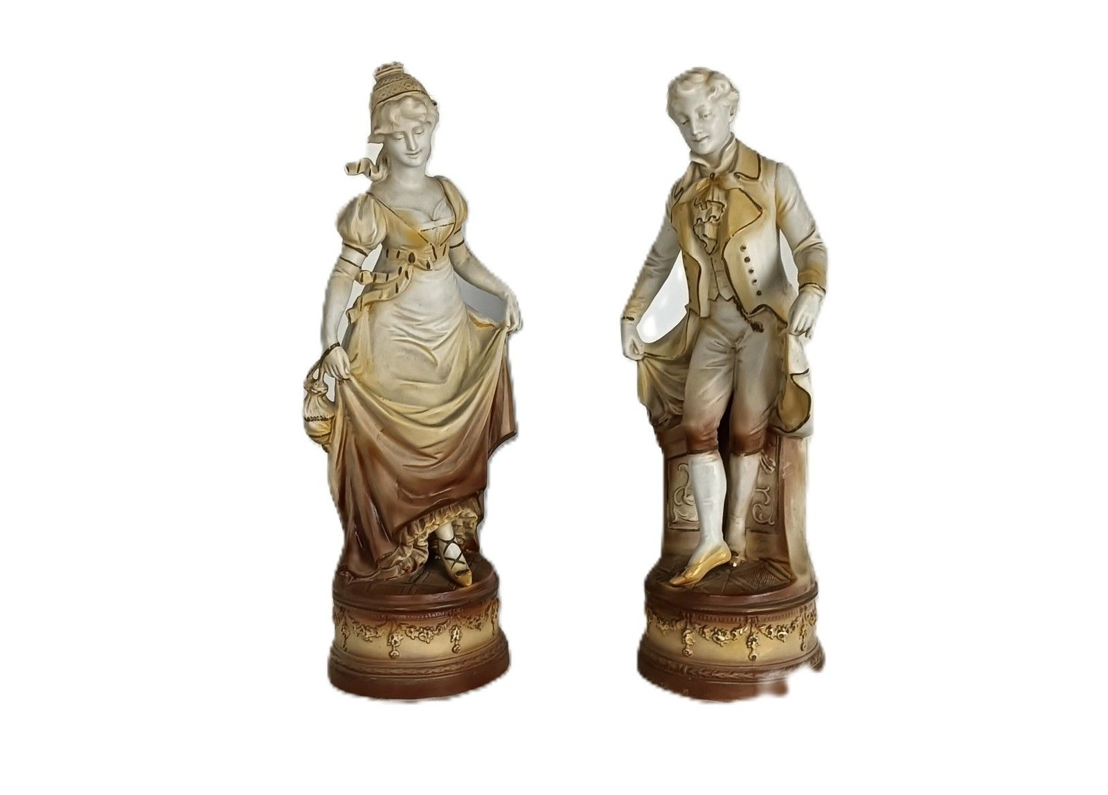 Two Statue Figurines Man Lady  Porcelain Hand Painted Porcelain Art Deco