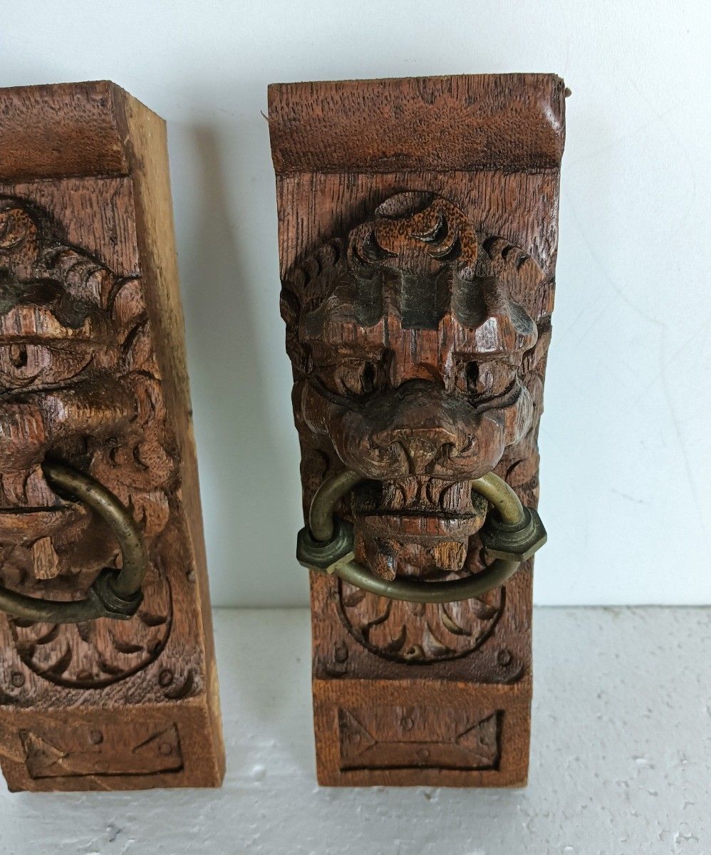 Antique Pair Corbels Hand Carved Wood Architectural Reclaimed Lion Heads Trims R photo for sale