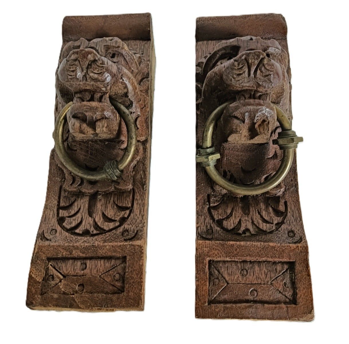 Antique Pair Corbels Hand Carved Wood Architectural Reclaimed Lion Heads Trims R photo vintage