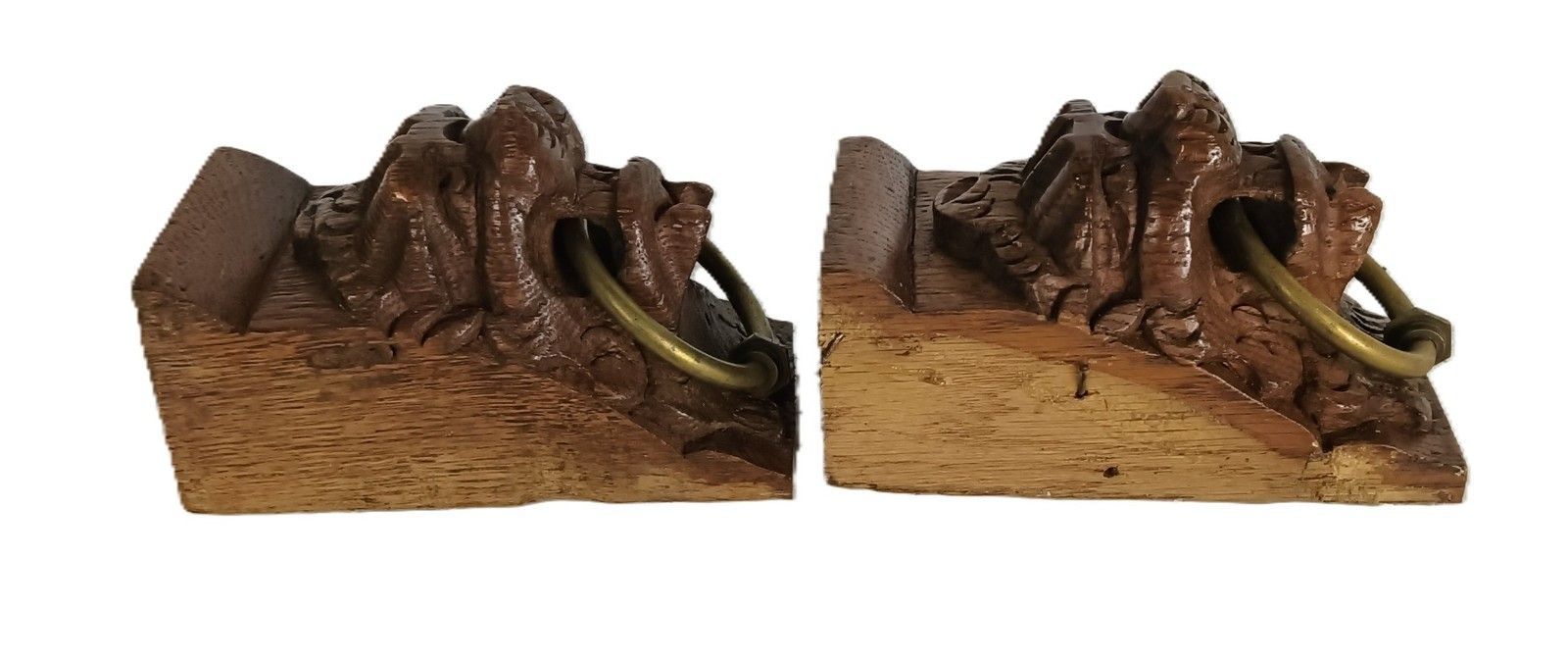 Antique Pair Corbels Hand Carved Wood Architectural Reclaimed Lion Heads Trims W photo vinterior