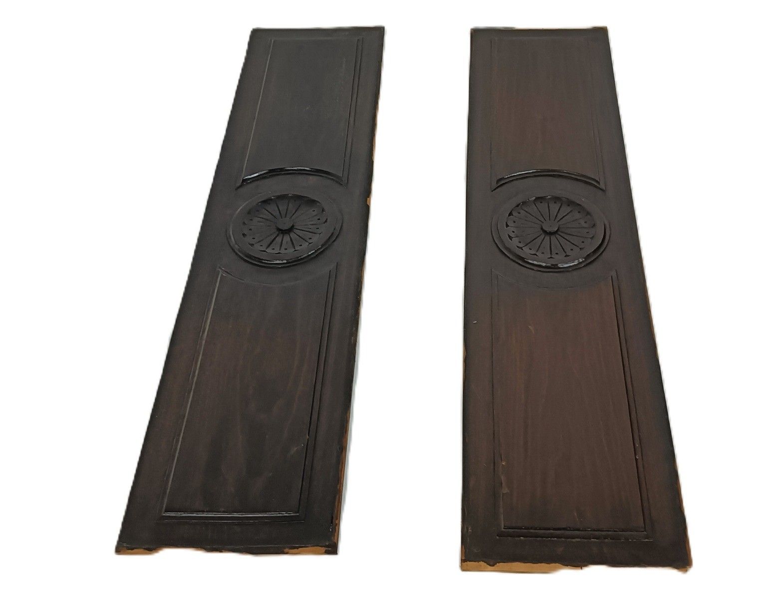 Pair Antique Ornate Carved Wooden Planks Pediment Trims Reclaimed Architectural photo for sale