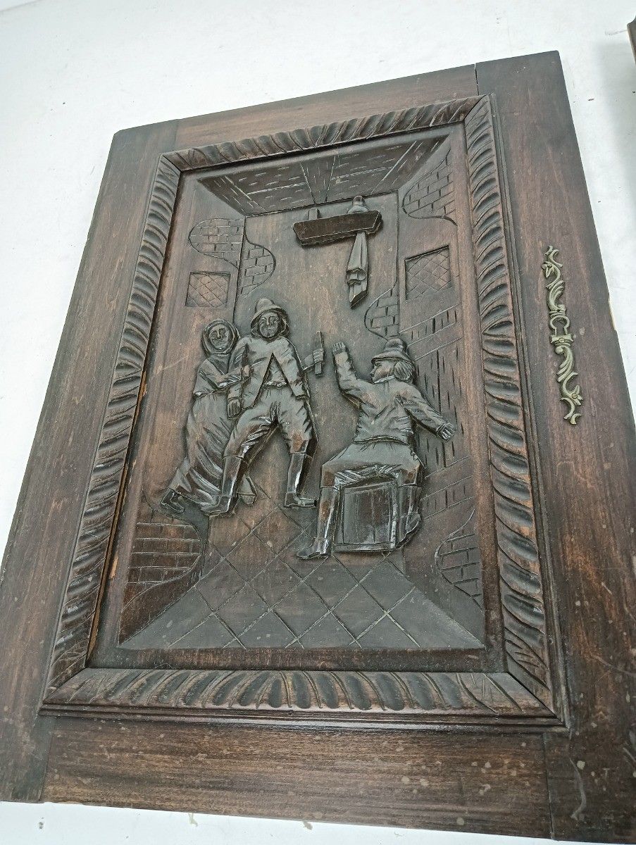 Set Of 2 Dark Wooden Door Panels Doors Carved Wood Ornate Antique Bar Scenes photo for sale