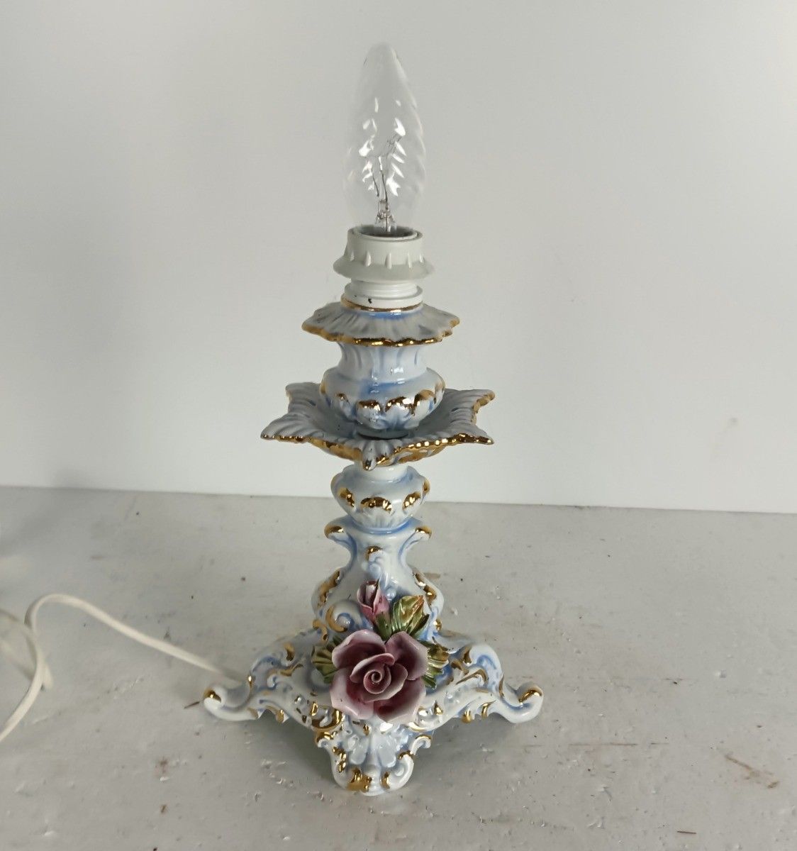 Porcelain Bassano Italy Vintage Desk Table Lamps 3d Flowers Marked photo for sale