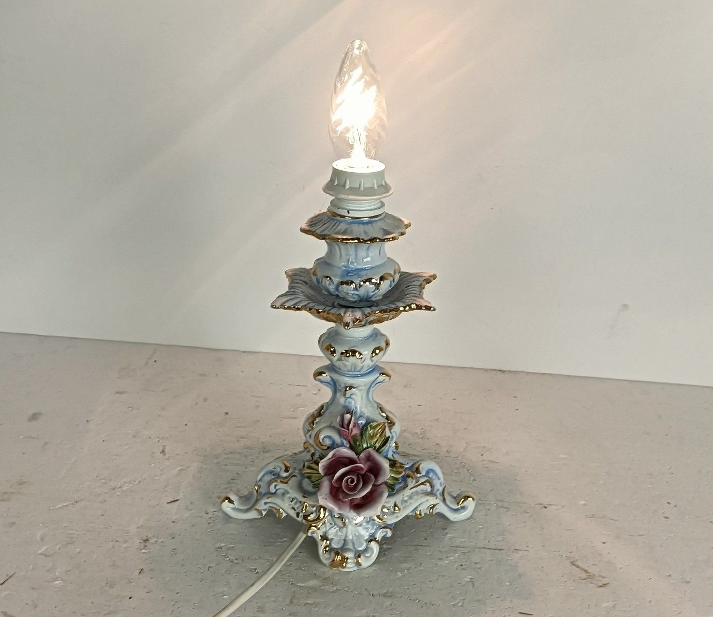 Porcelain Bassano Italy Vintage Desk Table Lamps 3d Flowers Marked photo buy